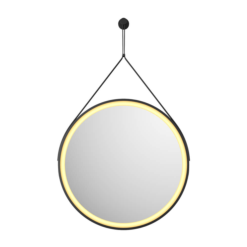 Harbour Status LED Illuminated Black Frame Round Mirror with Demister Pad, Colour Change LEDs & Strap - 600mm