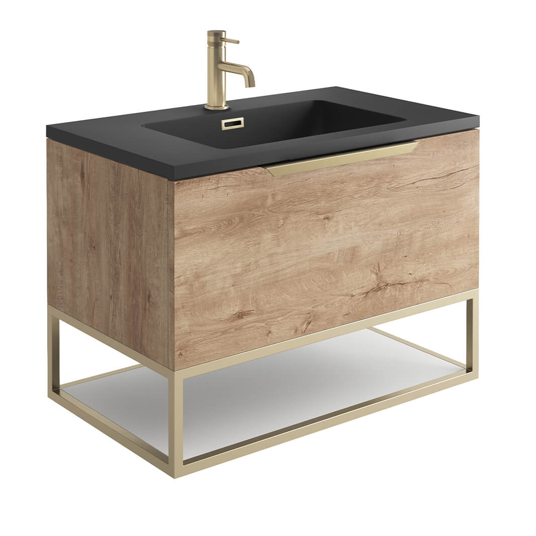 Harbour Virtue 800mm Wall Hung Vanity Unit with LED Illumination, Brushed Brass Frame Shelf and Handle & Basin