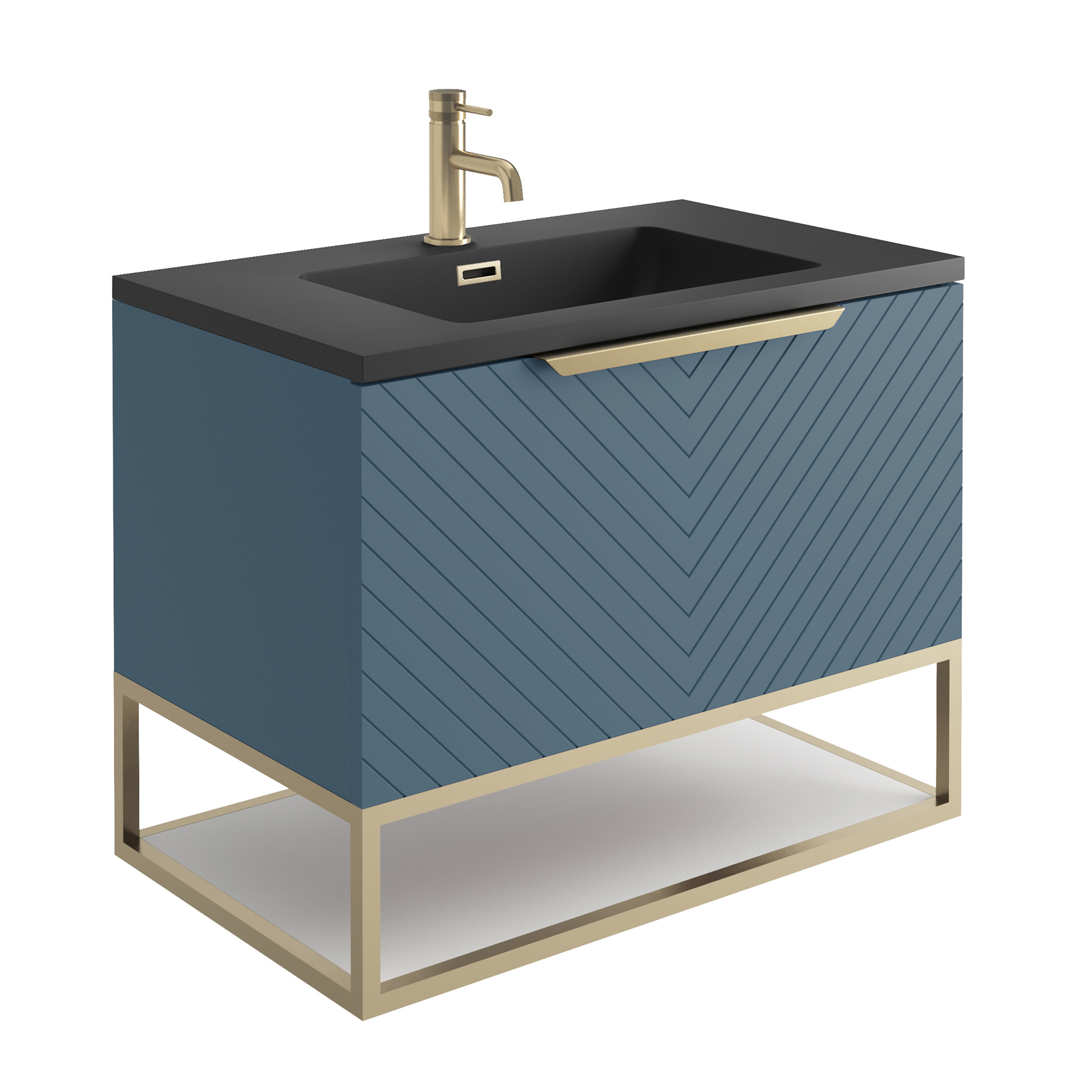 Harbour Symmetry 800mm Wall Hung Vanity Unit with Brushed Brass Frame Shelf and Handle & Basin