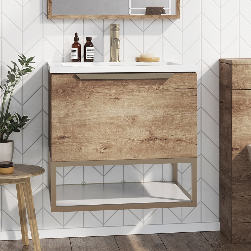 Harbour Virtue 600mm Wall Hung Vanity Unit with LED Illumination, Brushed Brass Frame Shelf and Handle & Basin