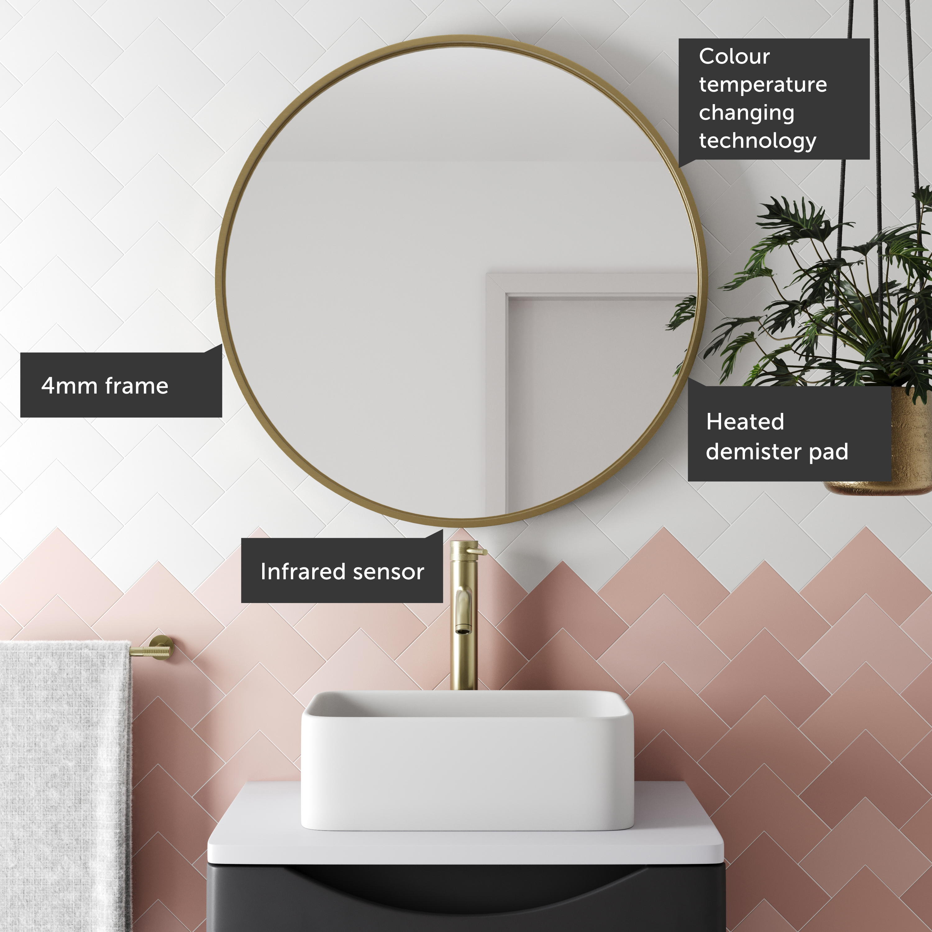 Core LED Illuminated Round Framed Mirror with Demister Pad & Colour Change Lights - 600mm