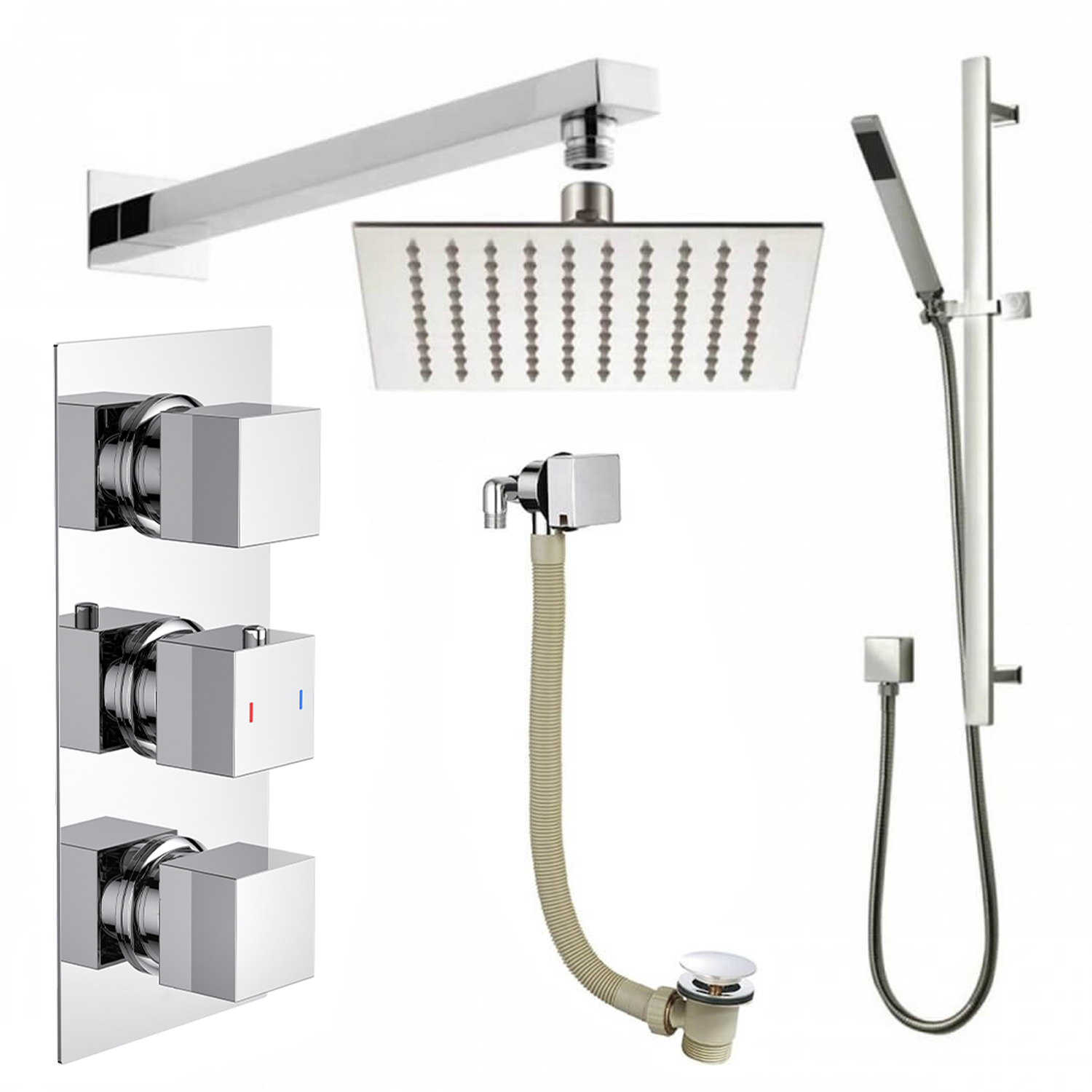 Elijah Concealed Shower Valve with Fixed Head, Slide Rail Kit & Overflow Bath Filler