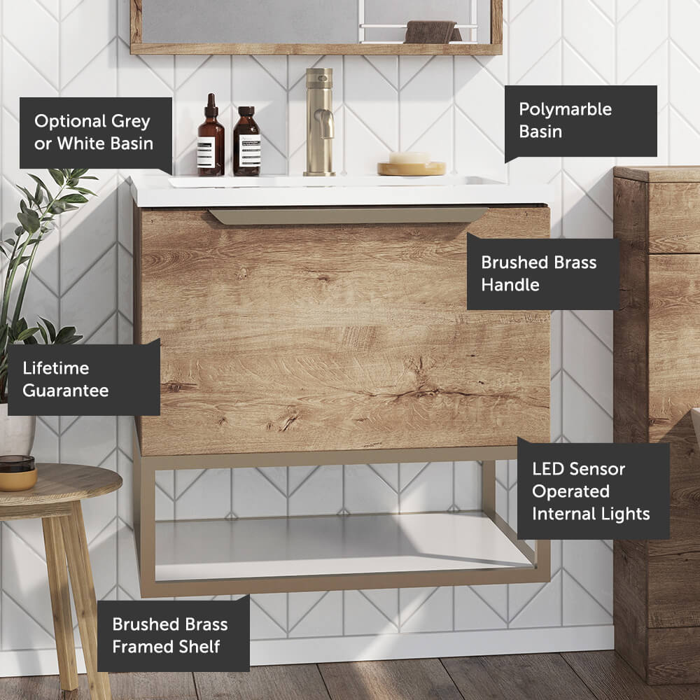 Harbour Virtue 800mm Wall Hung Vanity Unit with LED Illumination, Brushed Brass Frame Shelf and Handle & Basin