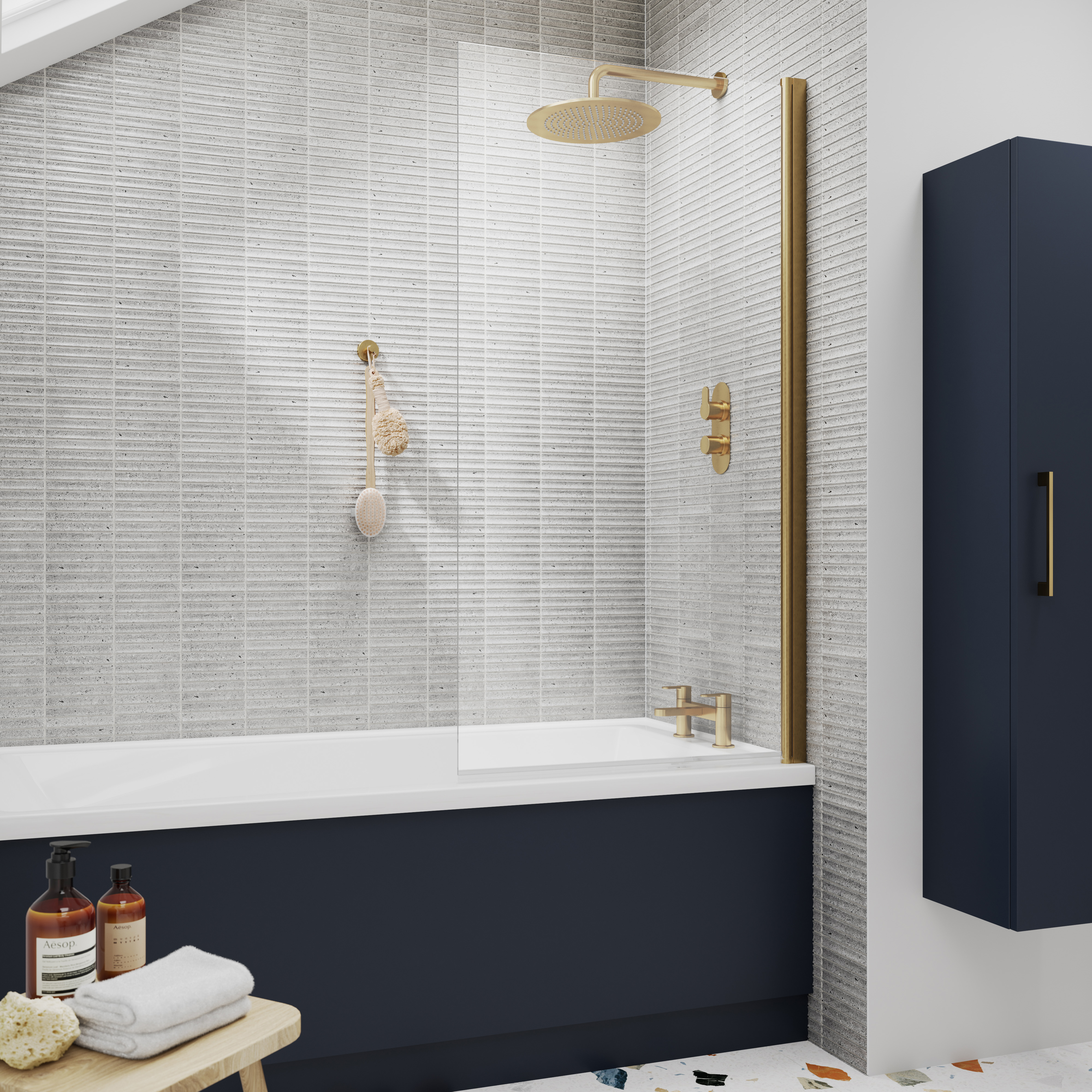 Vellamo Brushed Brass Square Corner Hinged Bath Screen - 1430 x 775mm