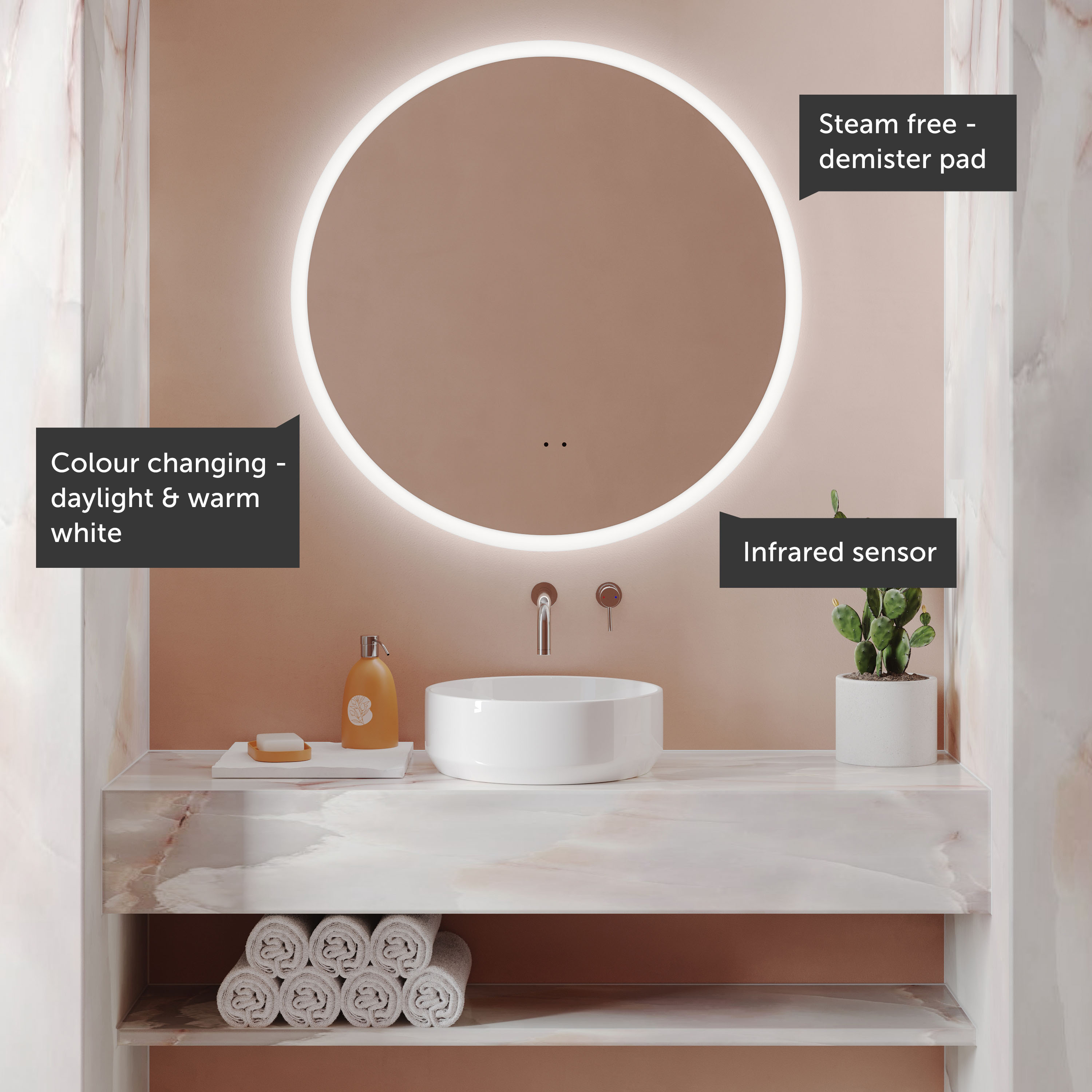 Harbour Glow Round LED Mirror with Demister Pad & Colour Change Lights - 800mm
