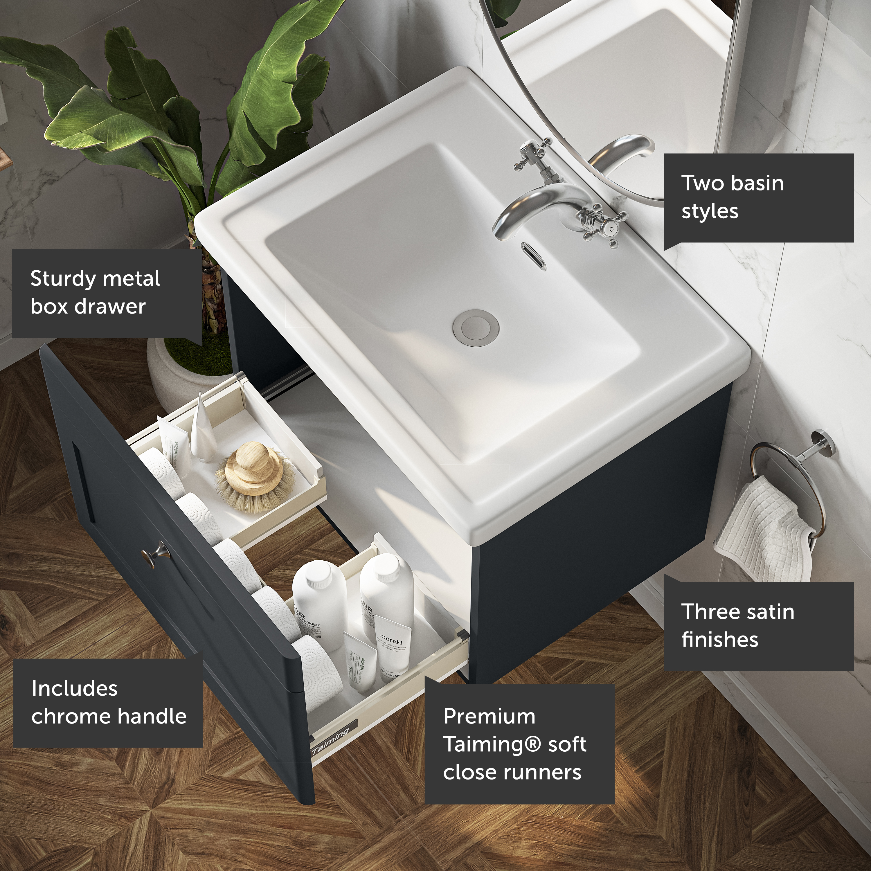 Butler & Rose Ophelia 600mm Wall Mounted 1 Drawer Vanity Unit & Basin