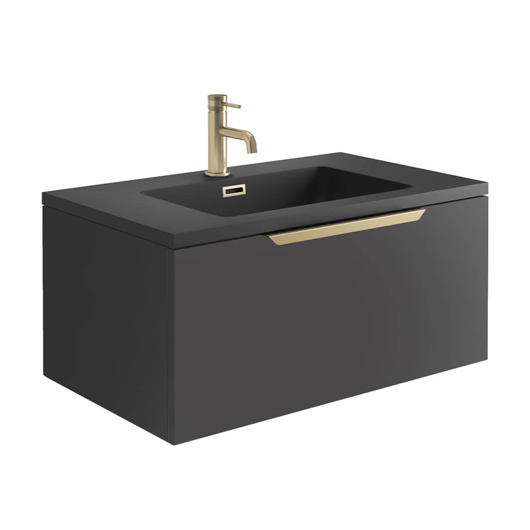 Harbour Virtue 800mm Wall Hung Vanity Unit with LED Illumination, Brushed Brass Handle & Basin