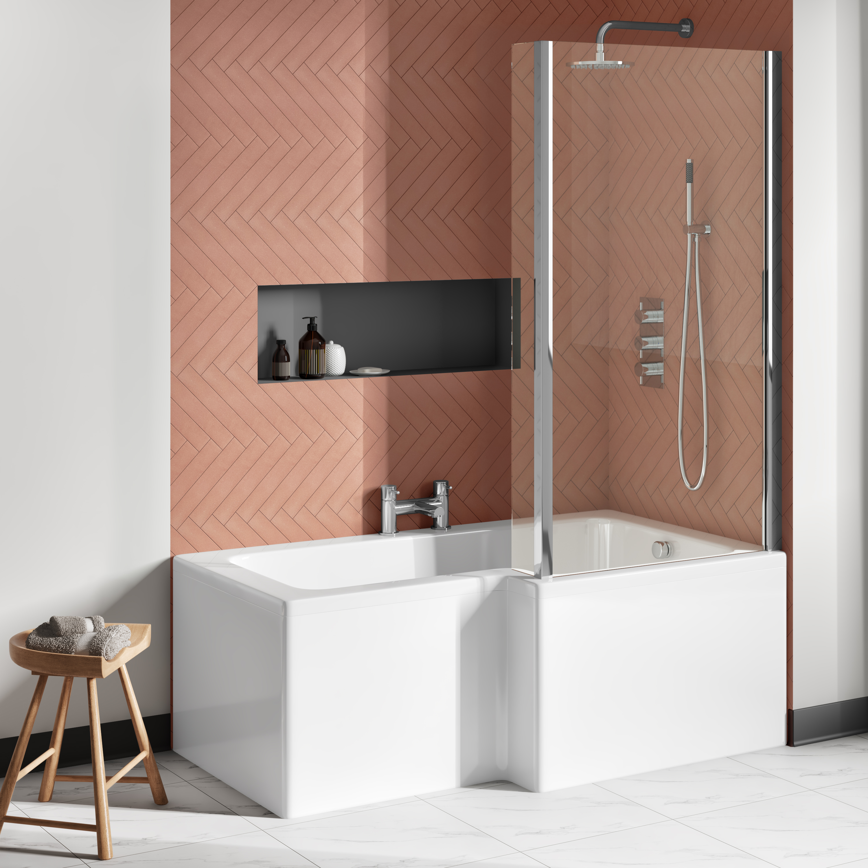 Drench Polished Chrome Fixed L-Shaped Bath Screen with Fixed Return - 1400 x 800mm
