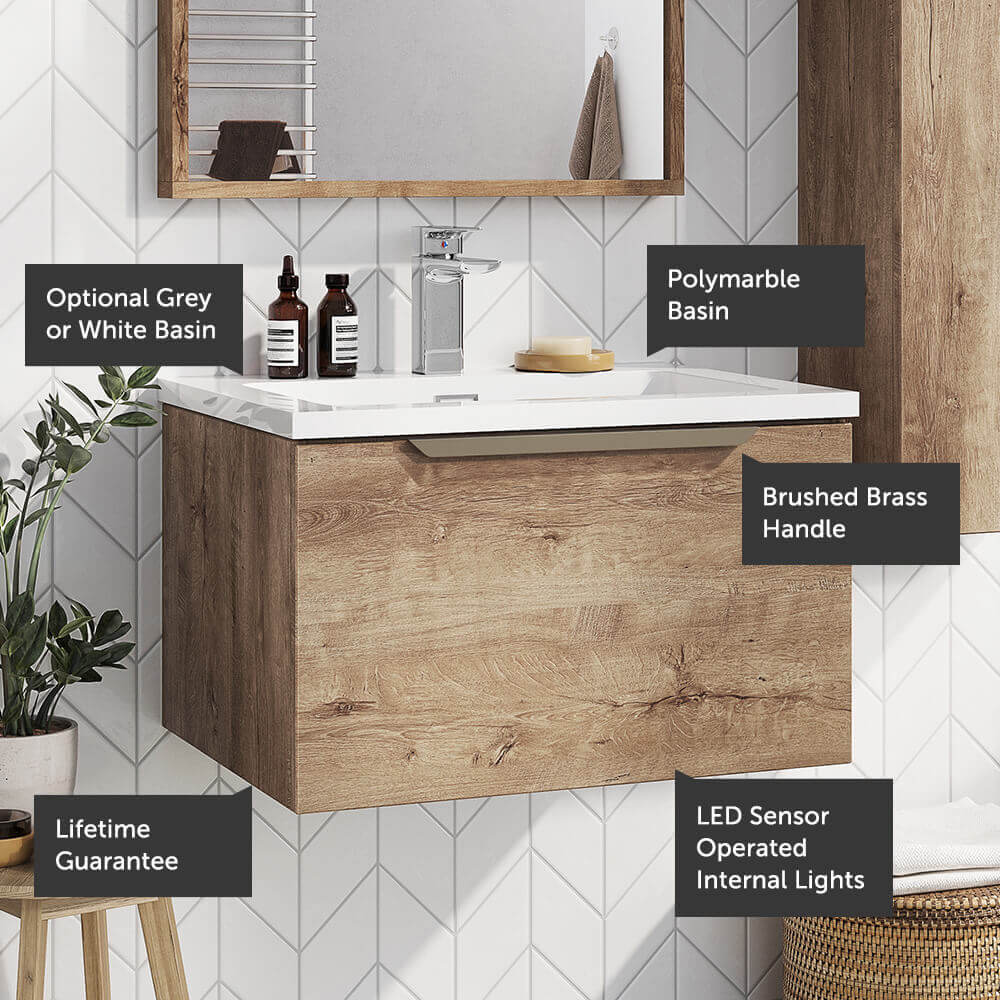 Harbour Virtue 800mm Wall Hung Vanity Unit with LED Illumination, Brushed Brass Handle & Basin