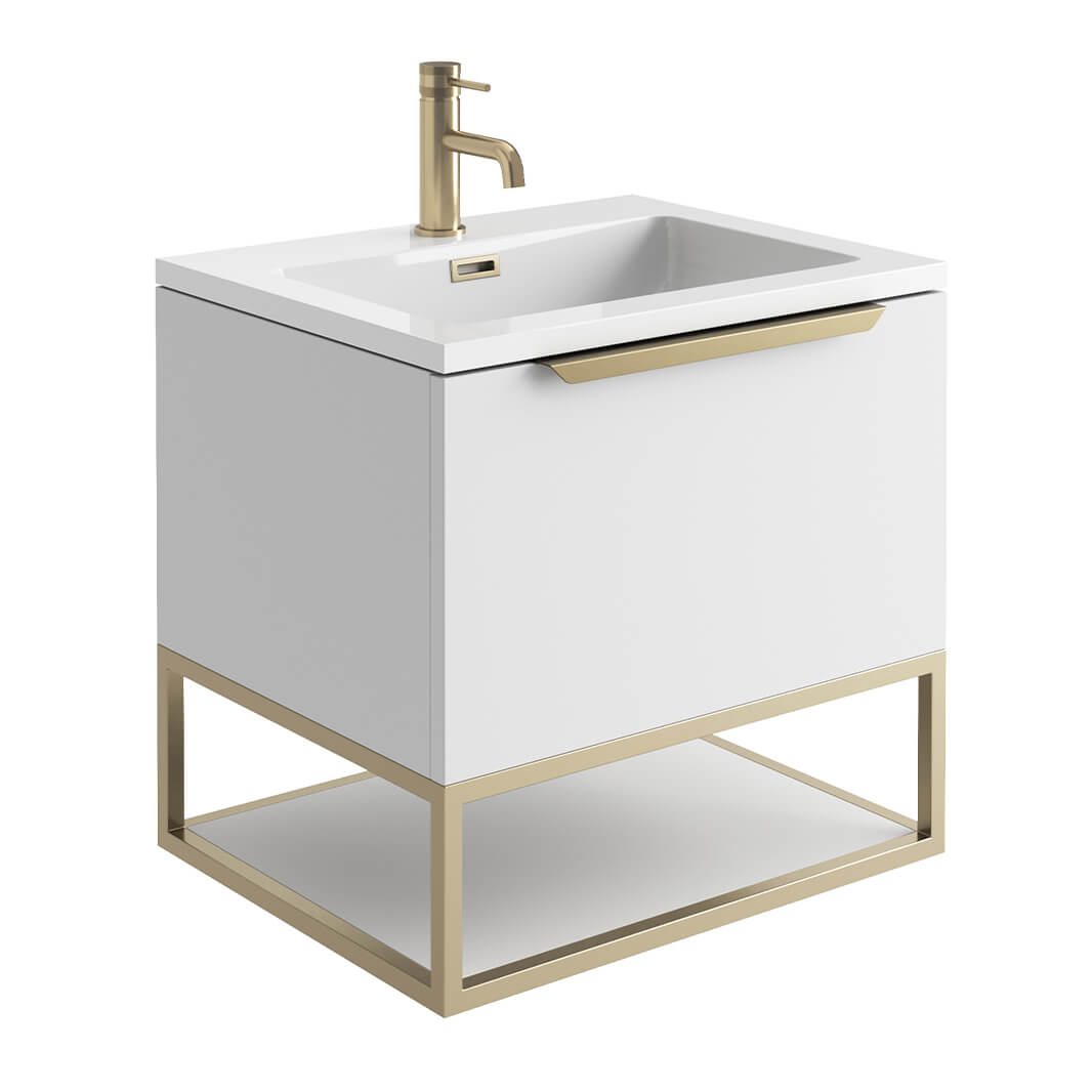 Harbour Virtue 600mm Wall Hung Vanity Unit with LED Illumination, Brushed Brass Frame Shelf and Handle & Basin