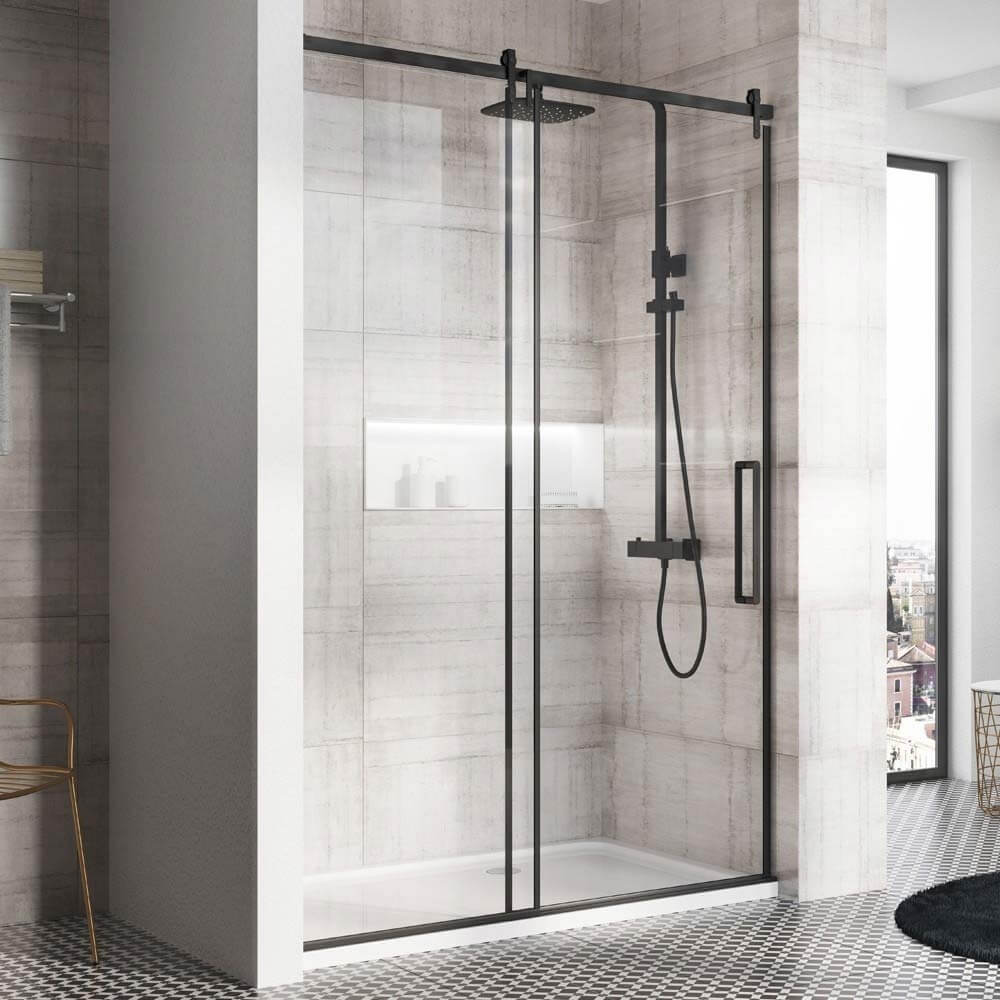 Harbour Icon Matt Black 8mm 2m Tall Easy Clean Sliding Shower Door & Optional Side Panel