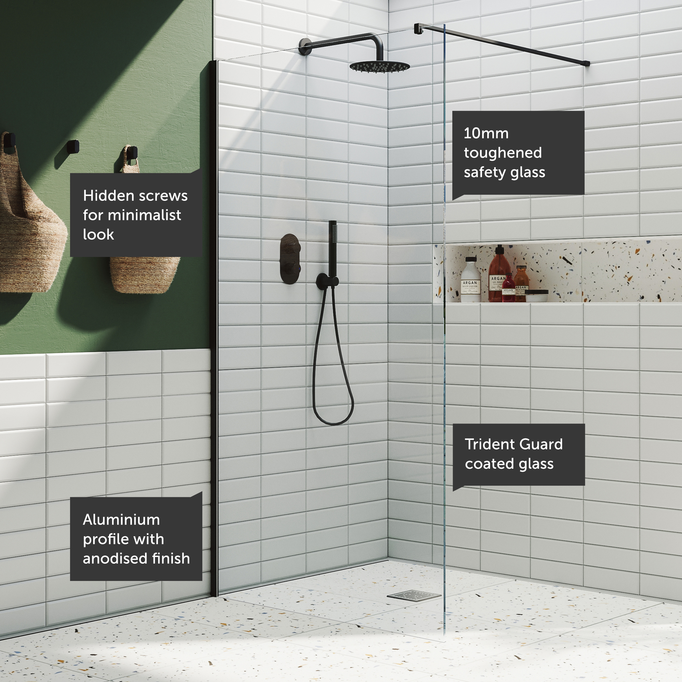 Harbour i10 10mm Easy Clean 2m Tall Wetroom Panel - Matt Black