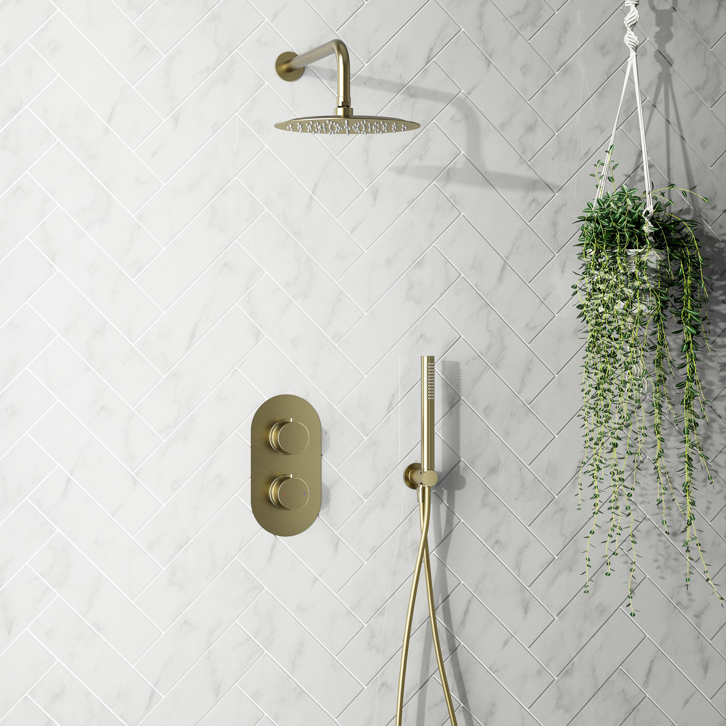 Harbour Clarity Brushed Brass Shower Package with 2 Outlet Valve, Fixed Head & Arm and Wall Shower Kit