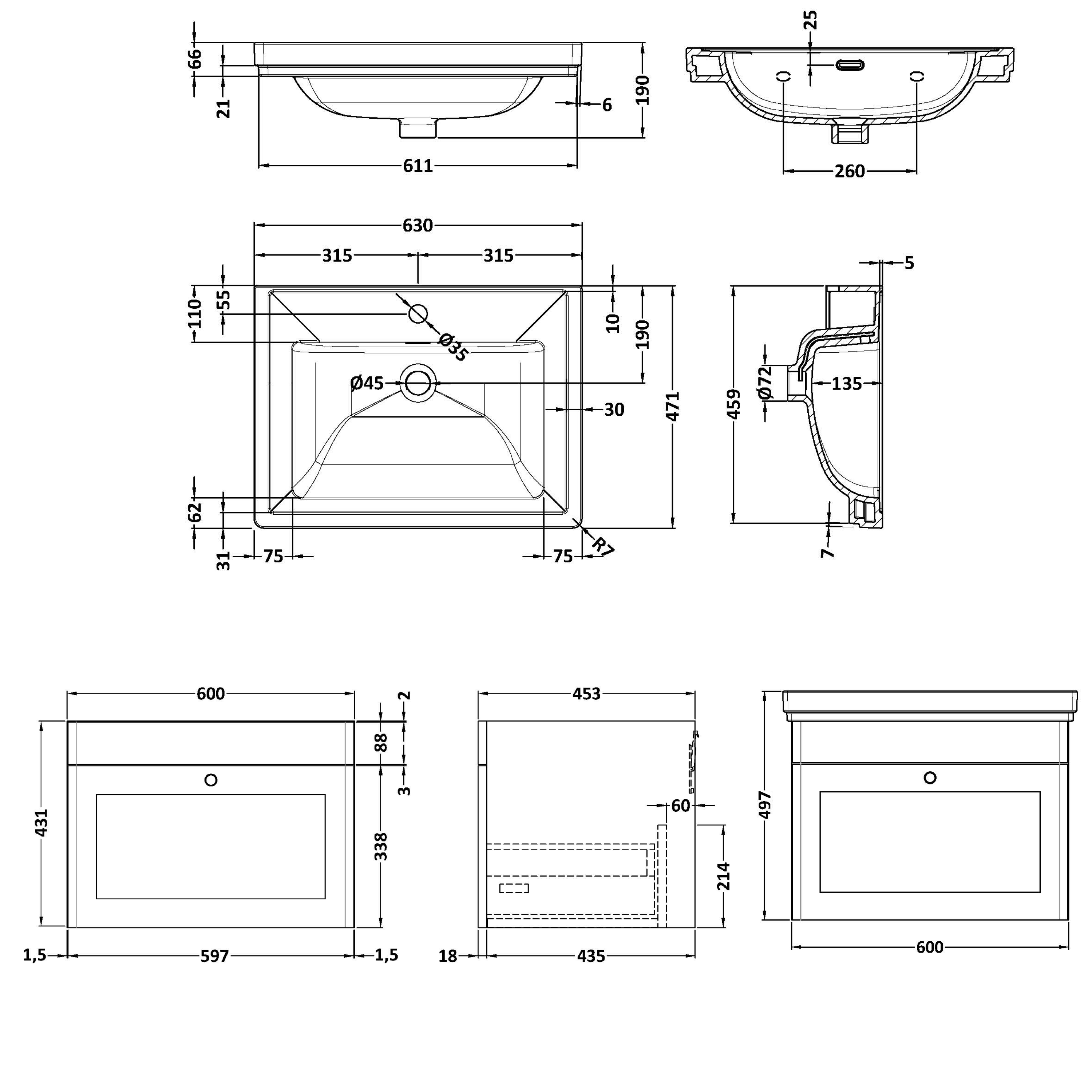 Butler & Rose Ophelia Traditional Toilet & 600mm Wall Hung Vanity Unit Bathroom Suite