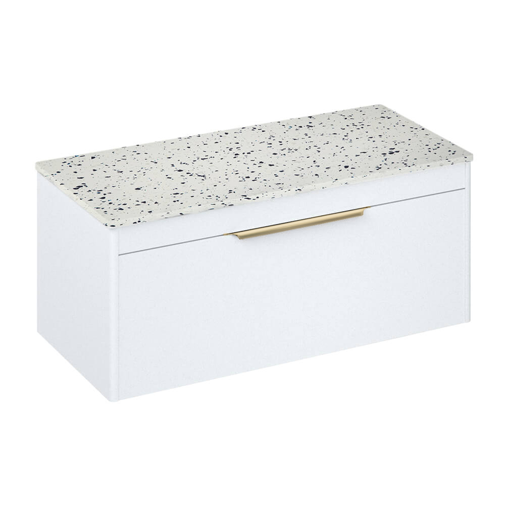 Britton Bathrooms Shoreditch 1000mm Single Drawer Wall Mounted Vanity Unit with Brushed Brass Handle & Ice Blue Minerva Countertop
