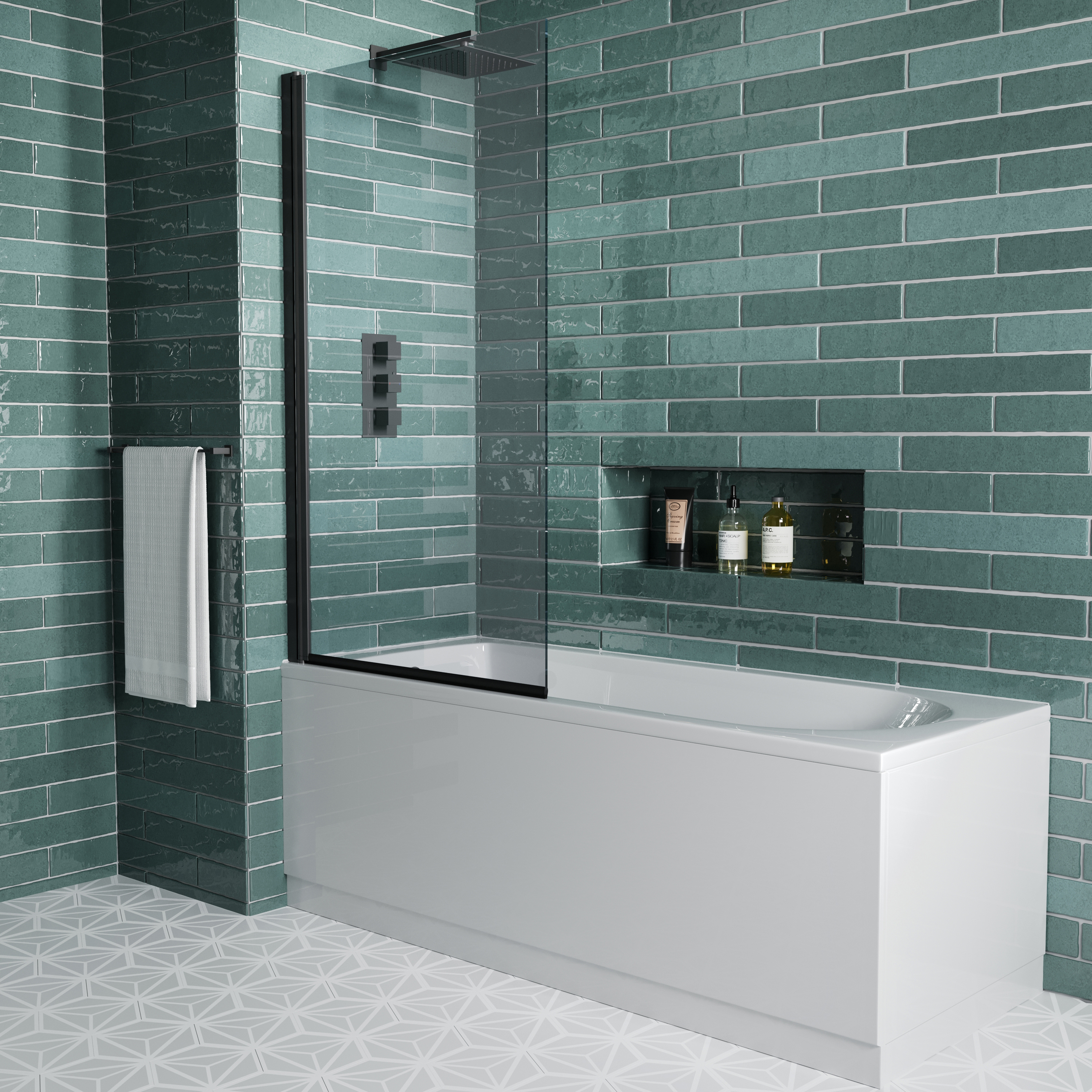 Vellamo City Matt Black 6mm Smoked Black Glass Hinged Bath Screen - 1400 x 800mm
