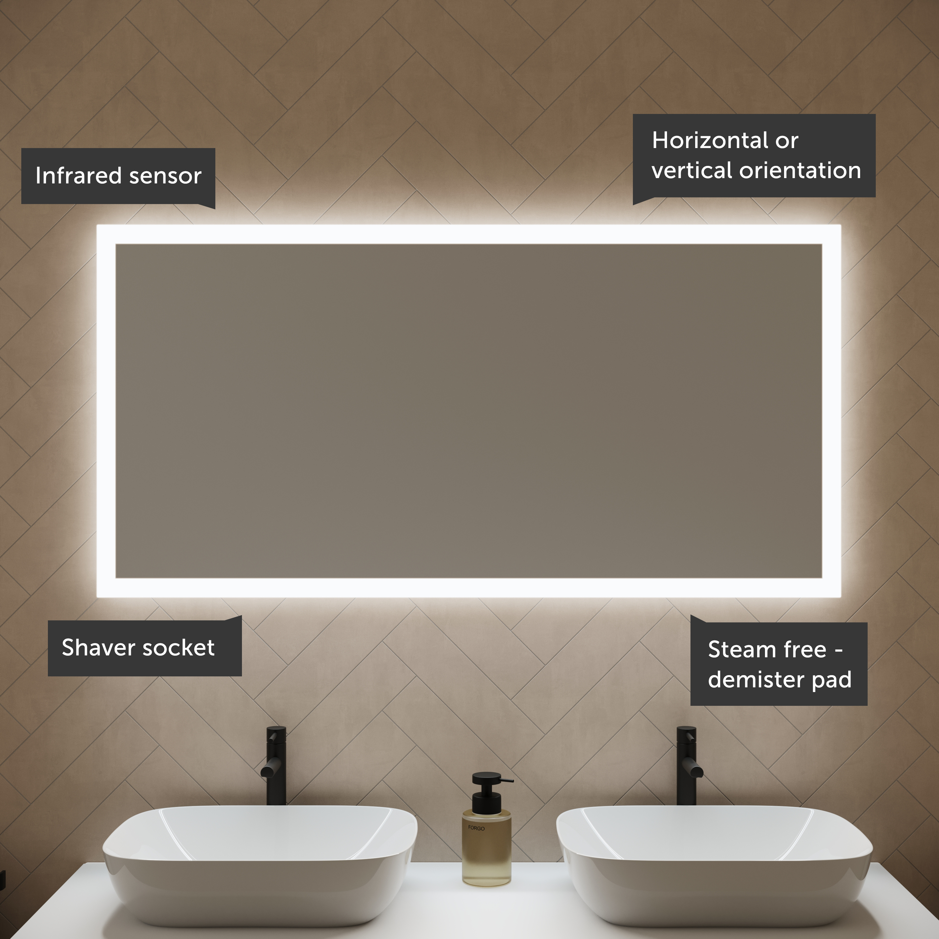 Harbour Glow LED Mirror with Demister Pad & Shaver Socket - 1200 x 600mm