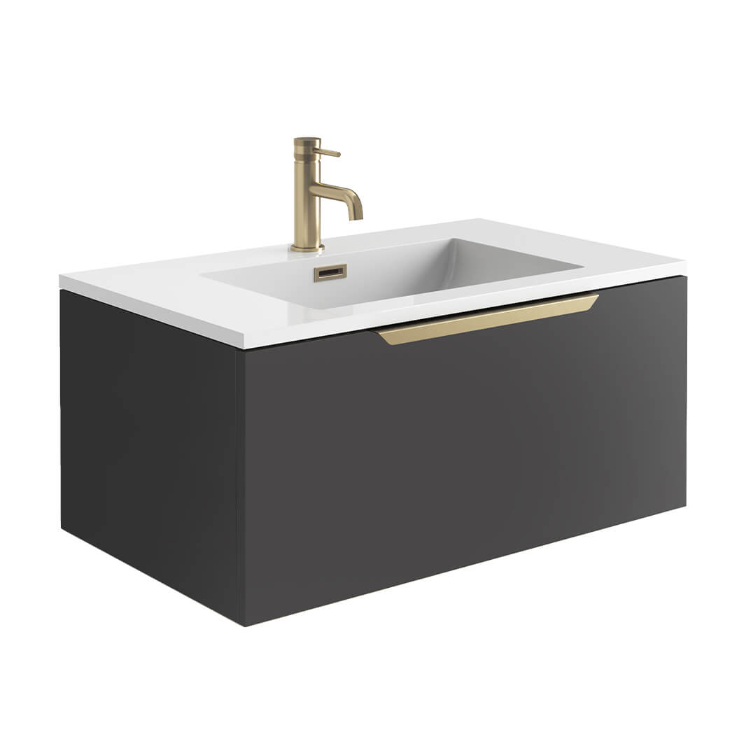 Harbour Virtue 800mm Wall Hung Vanity Unit with LED Illumination, Brushed Brass Handle & Basin