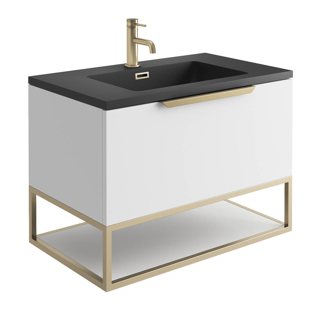 Harbour Virtue 800mm Wall Hung Vanity Unit with LED Illumination, Brushed Brass Frame Shelf and Handle & Basin