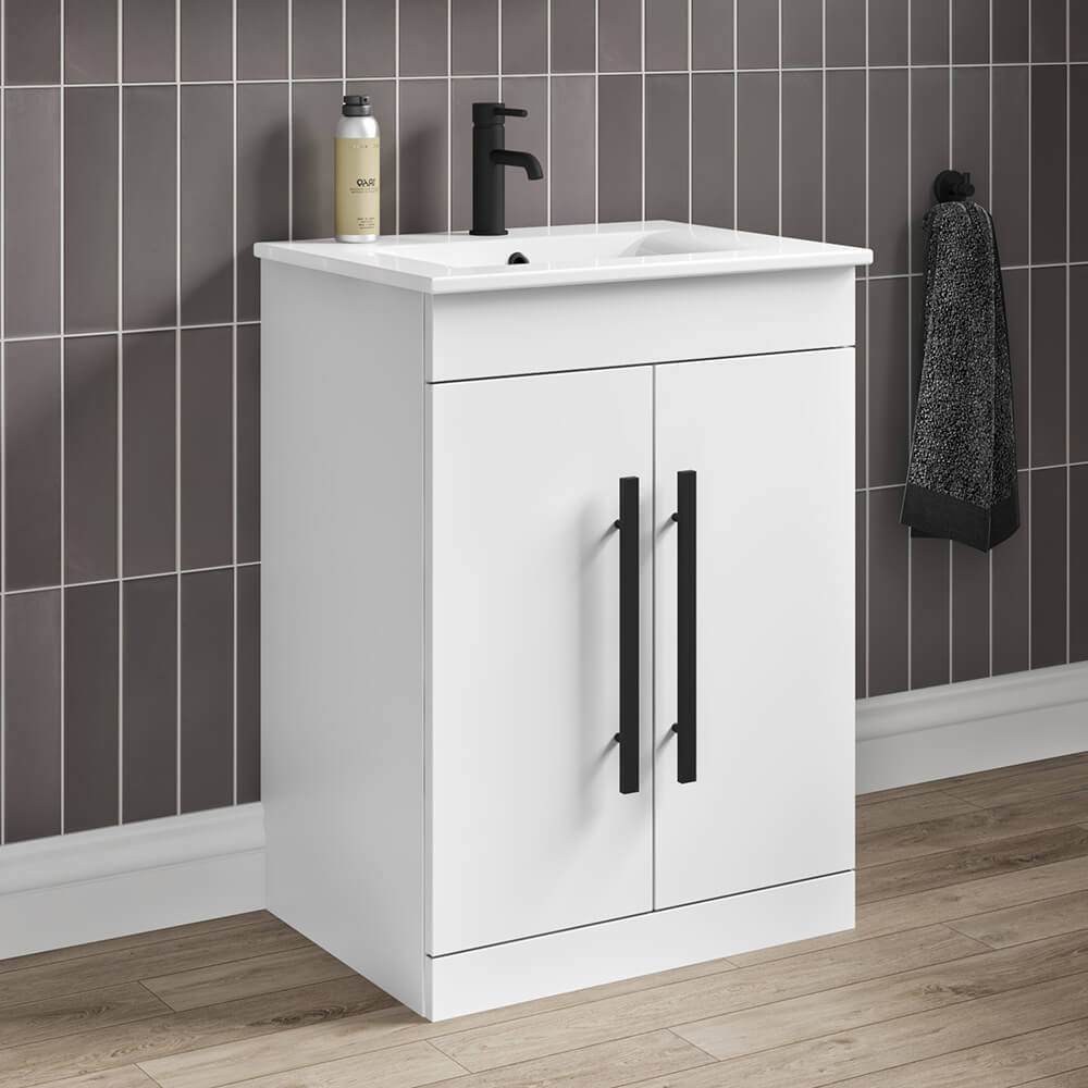 Vellamo Aspire 1100mm 2 Door Combination Basin & Toilet Unit with Matt Black Handles & Overflow Cover - Gloss White
