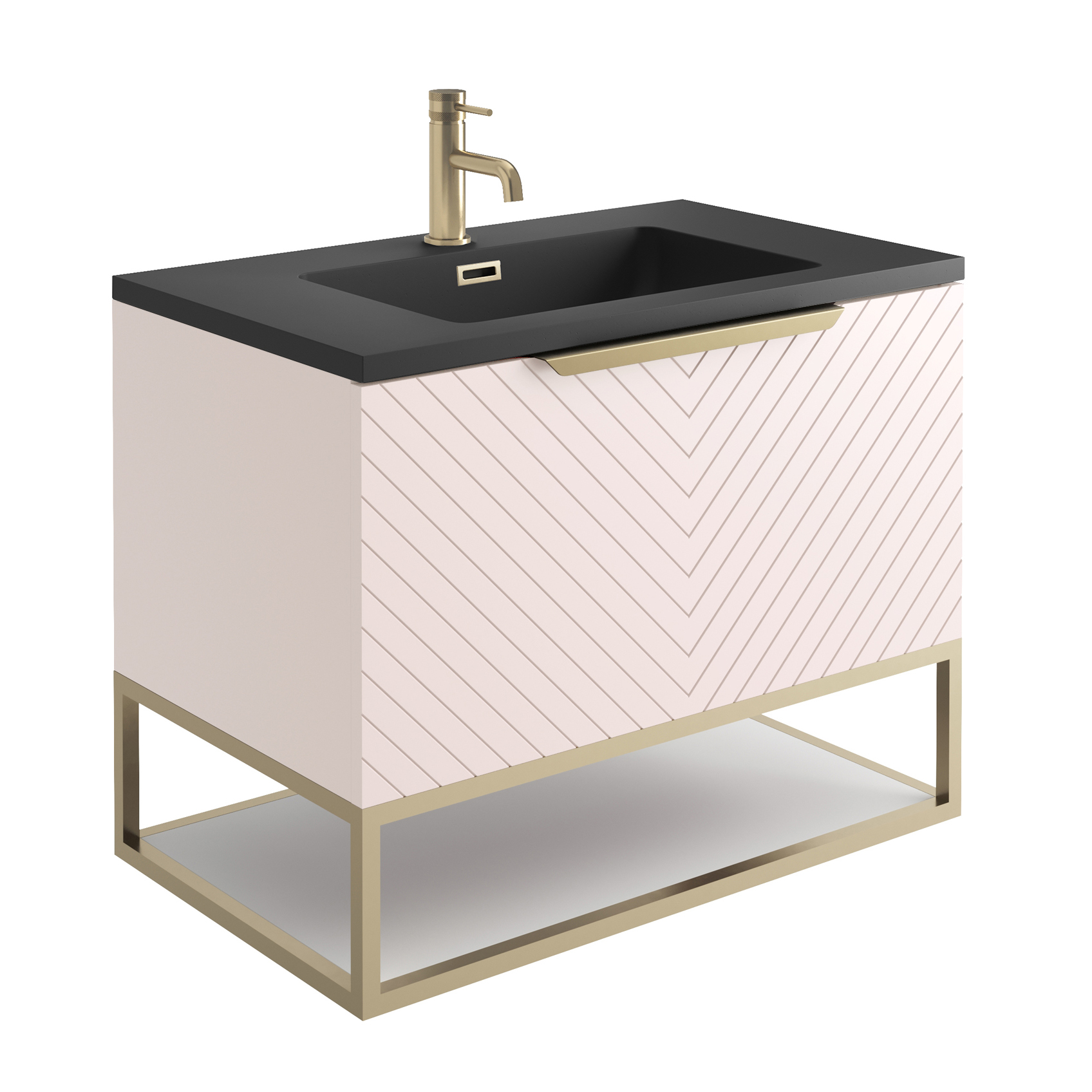 Harbour Symmetry 800mm Wall Hung Vanity Unit with Brushed Brass Frame Shelf and Handle & Basin