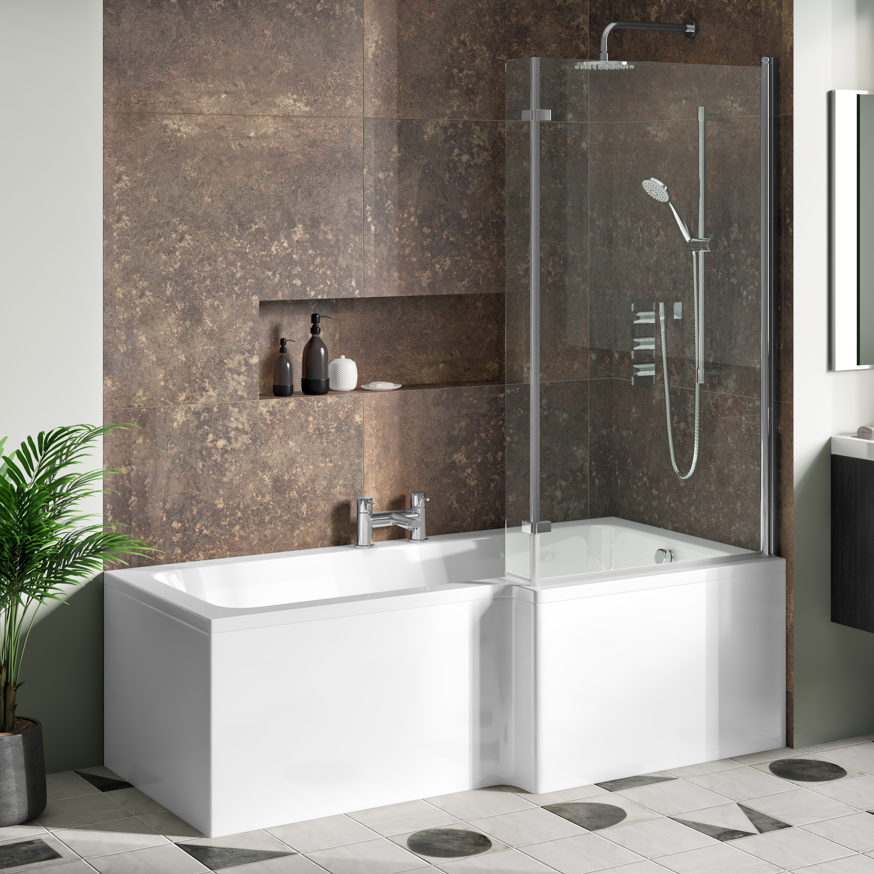 Drench Polished Chrome Hinged L-Shaped Bath Screen with Fixed Return - 1400 x 815mm