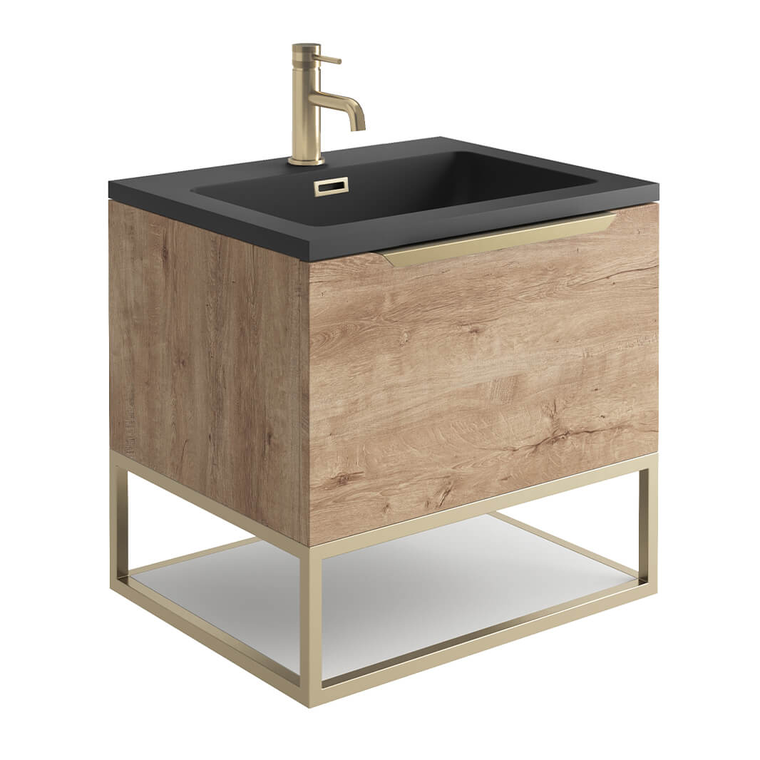 Harbour Virtue 600mm Wall Hung Vanity Unit with LED Illumination, Brushed Brass Frame Shelf and Handle & Basin