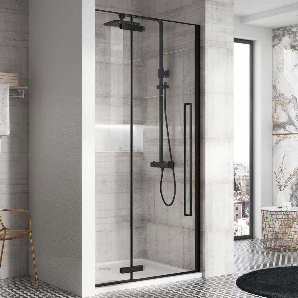 Harbour Icon Matt Black 8mm 2m Tall Easy Clean Hinged Shower Door & Optional Side Panel
