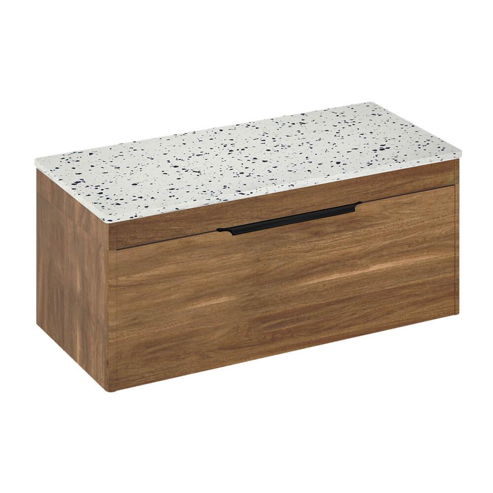 Britton Bathrooms Shoreditch 1000mm Single Drawer Wall Mounted Vanity Unit with Matt Black Handle & Ice Blue Minerva Countertop