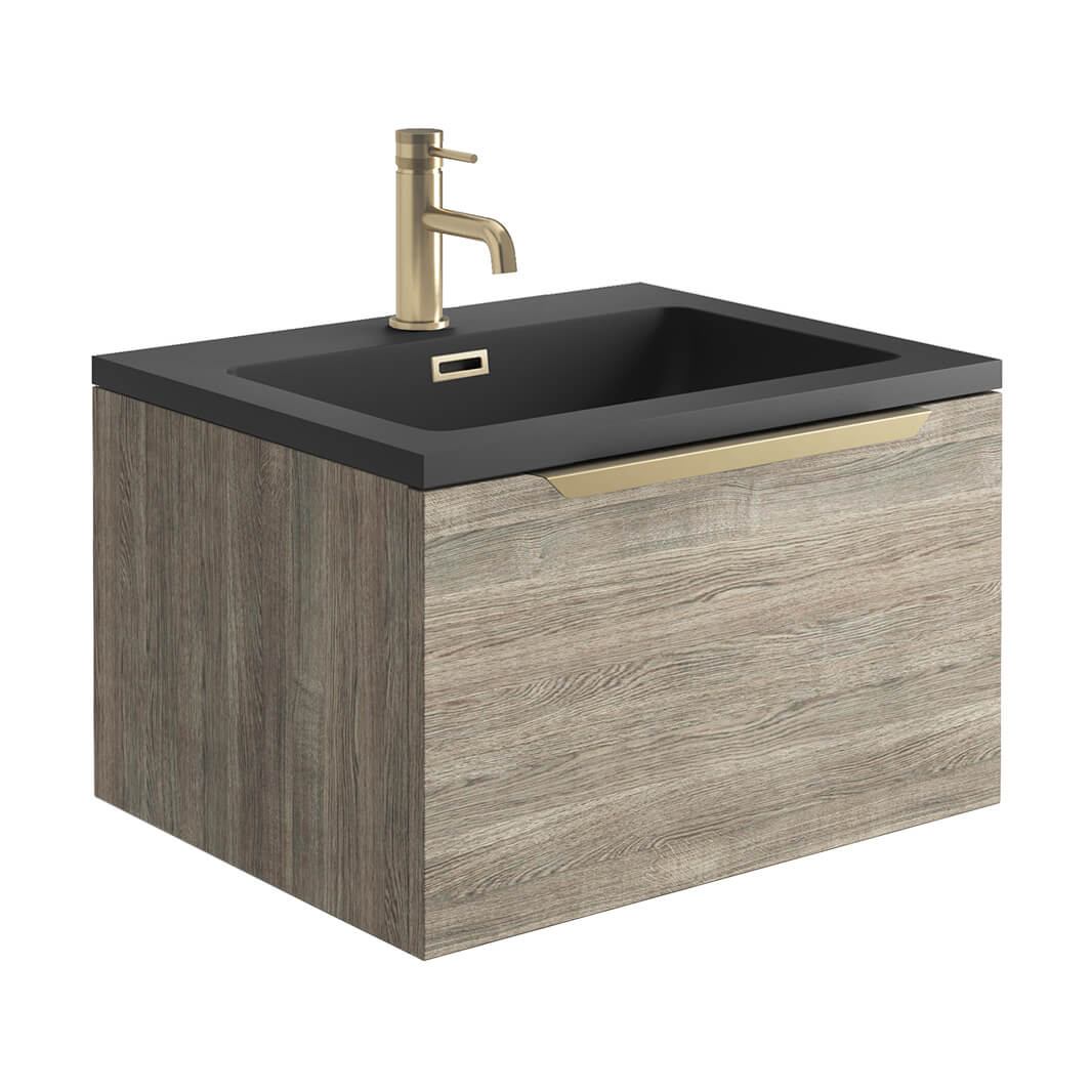 Harbour Virtue 600mm Wall Hung Vanity Unit with LED Illumination, Brushed Brass Handle & Basin