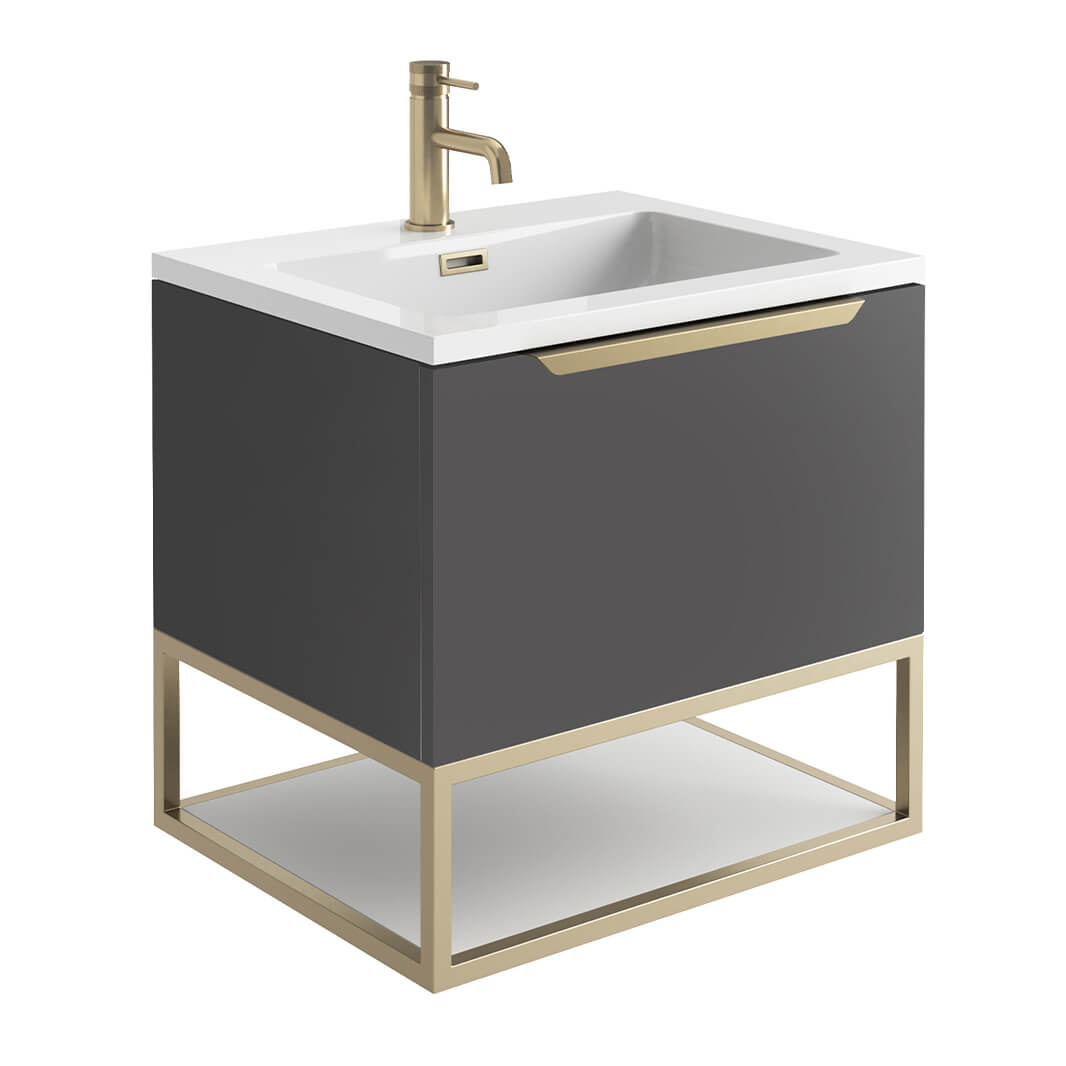 Harbour Virtue 600mm Wall Hung Vanity Unit with LED Illumination, Brushed Brass Frame Shelf and Handle & Basin