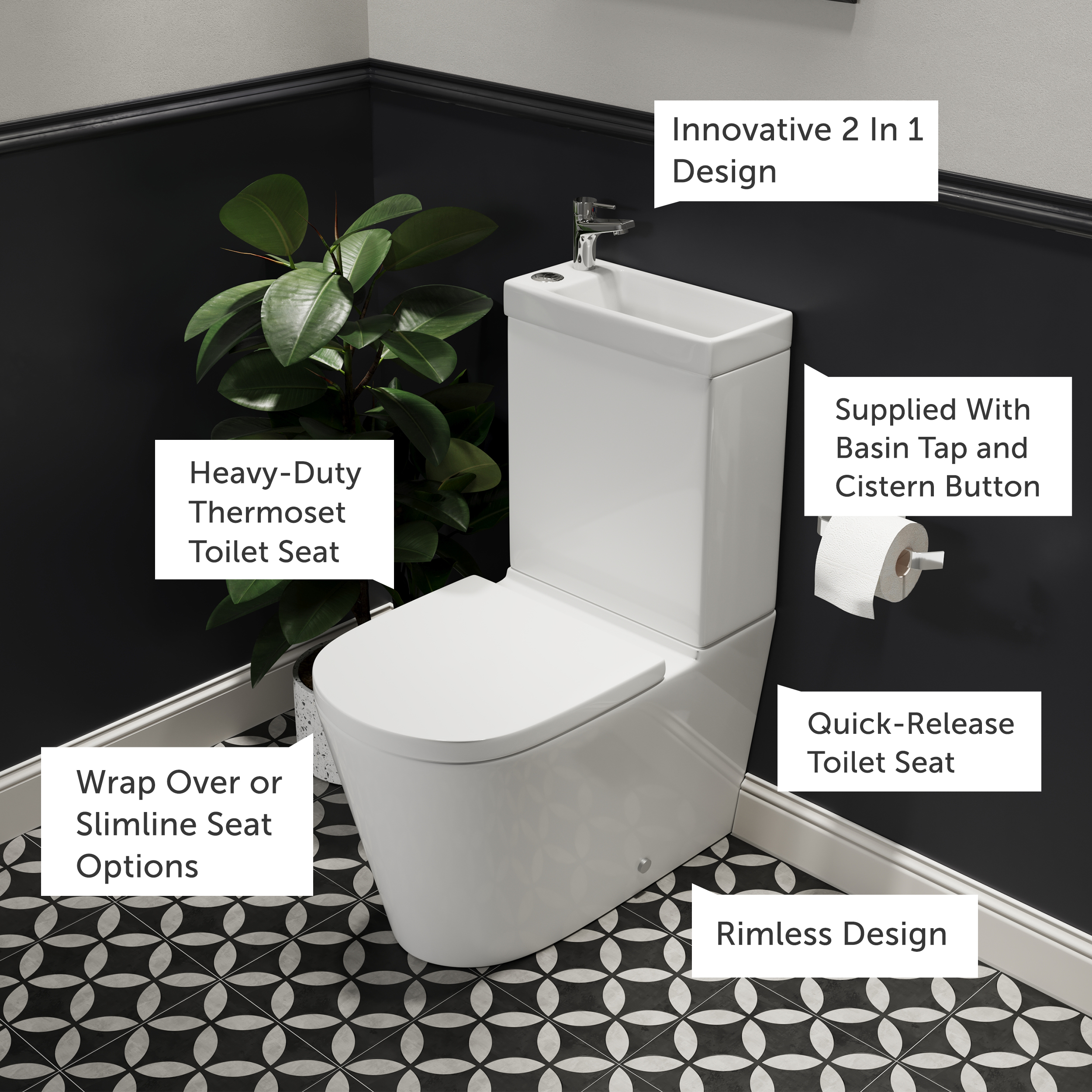 Harbour Clarity 2 in 1 Wash Basin & Close Coupled Closed Back Toilet with Soft Close Seat & Basin Tap