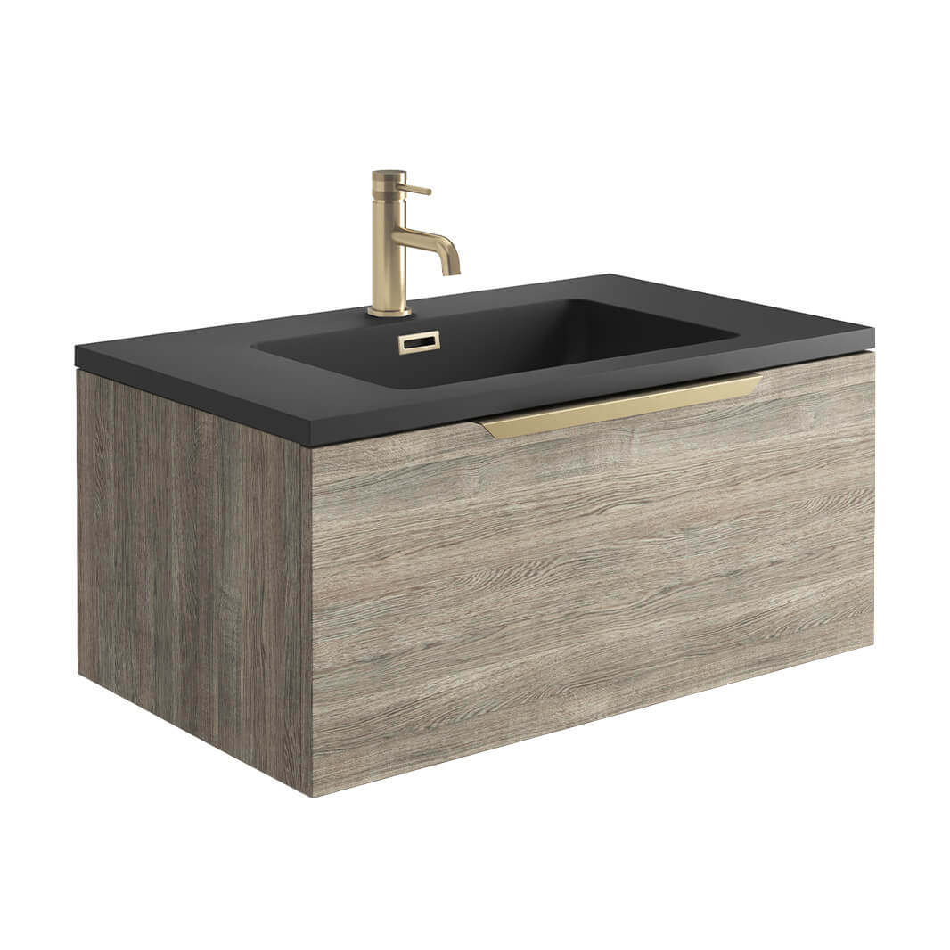 Harbour Virtue 800mm Wall Hung Vanity Unit with LED Illumination, Brushed Brass Handle & Basin