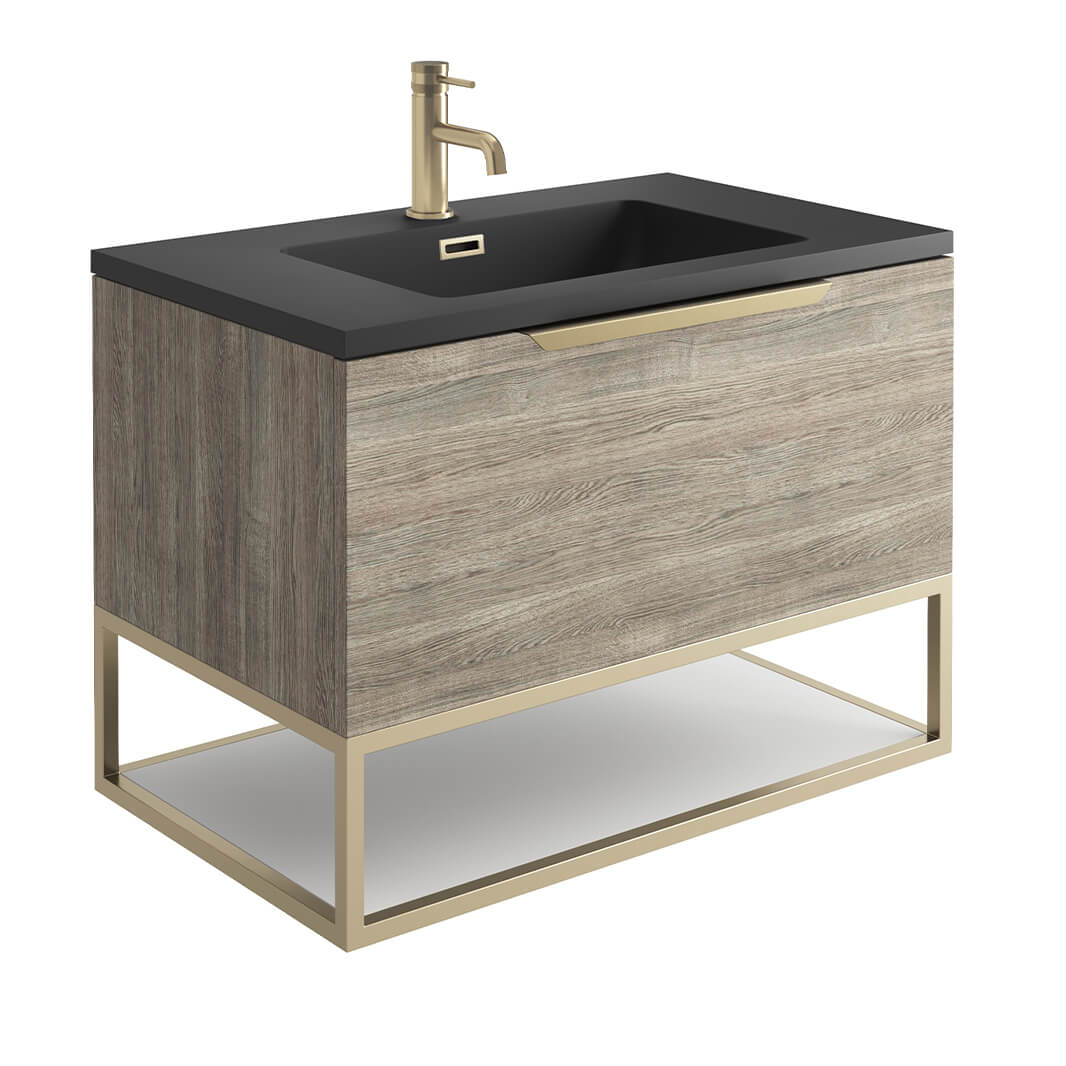 Harbour Virtue 800mm Wall Hung Vanity Unit with LED Illumination, Brushed Brass Frame Shelf and Handle & Basin