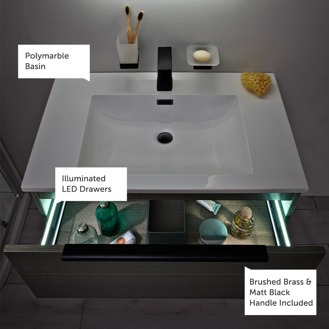 Harbour Virtue 800mm Wall Hung Vanity Unit with LED Illumination, Brushed Brass Frame Shelf and Handle & Basin