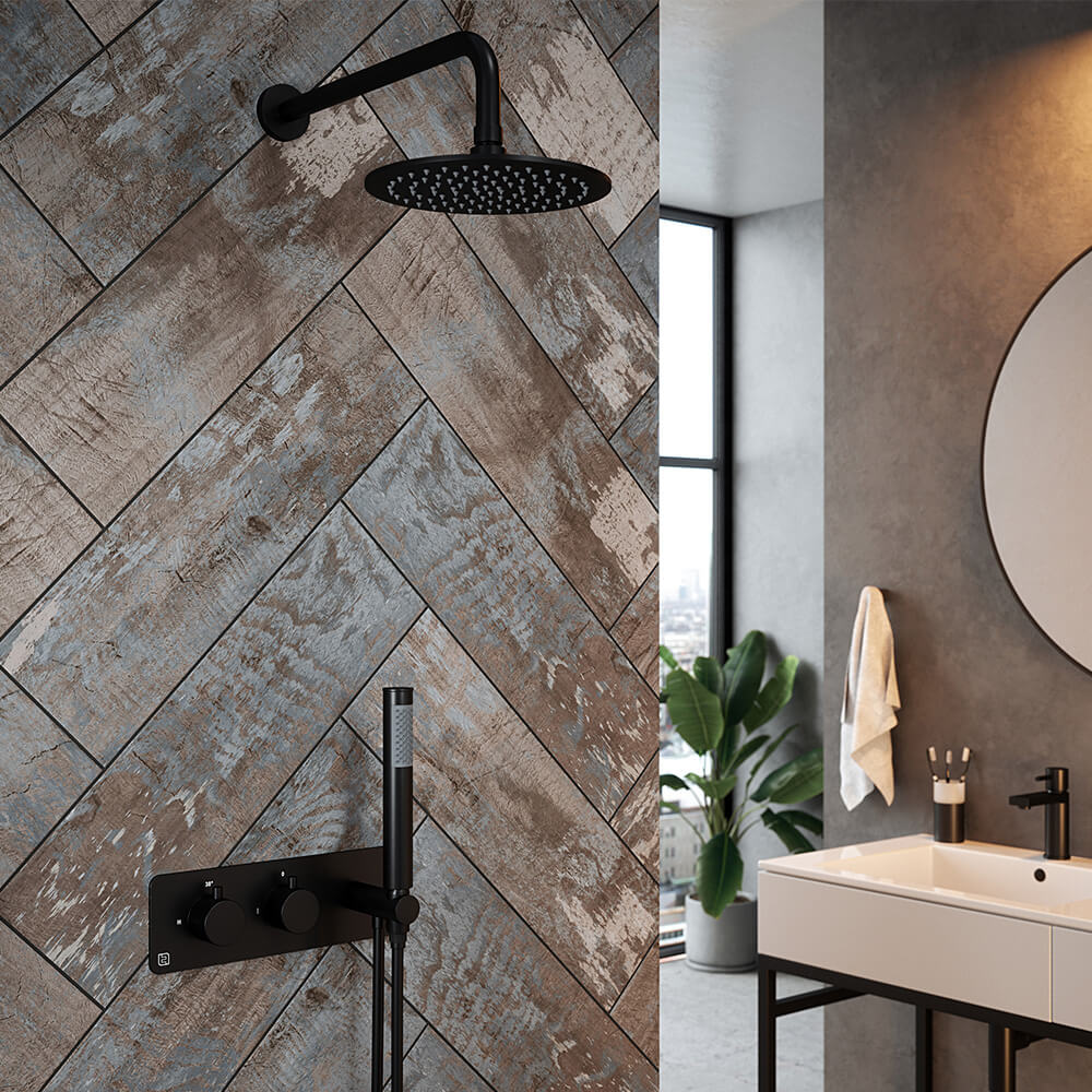 The Tap Factory Vibrance Vanto Black WRAS Approved Concealed Thermostatic Shower Valve with Fixed Shower Head and Shower Handset