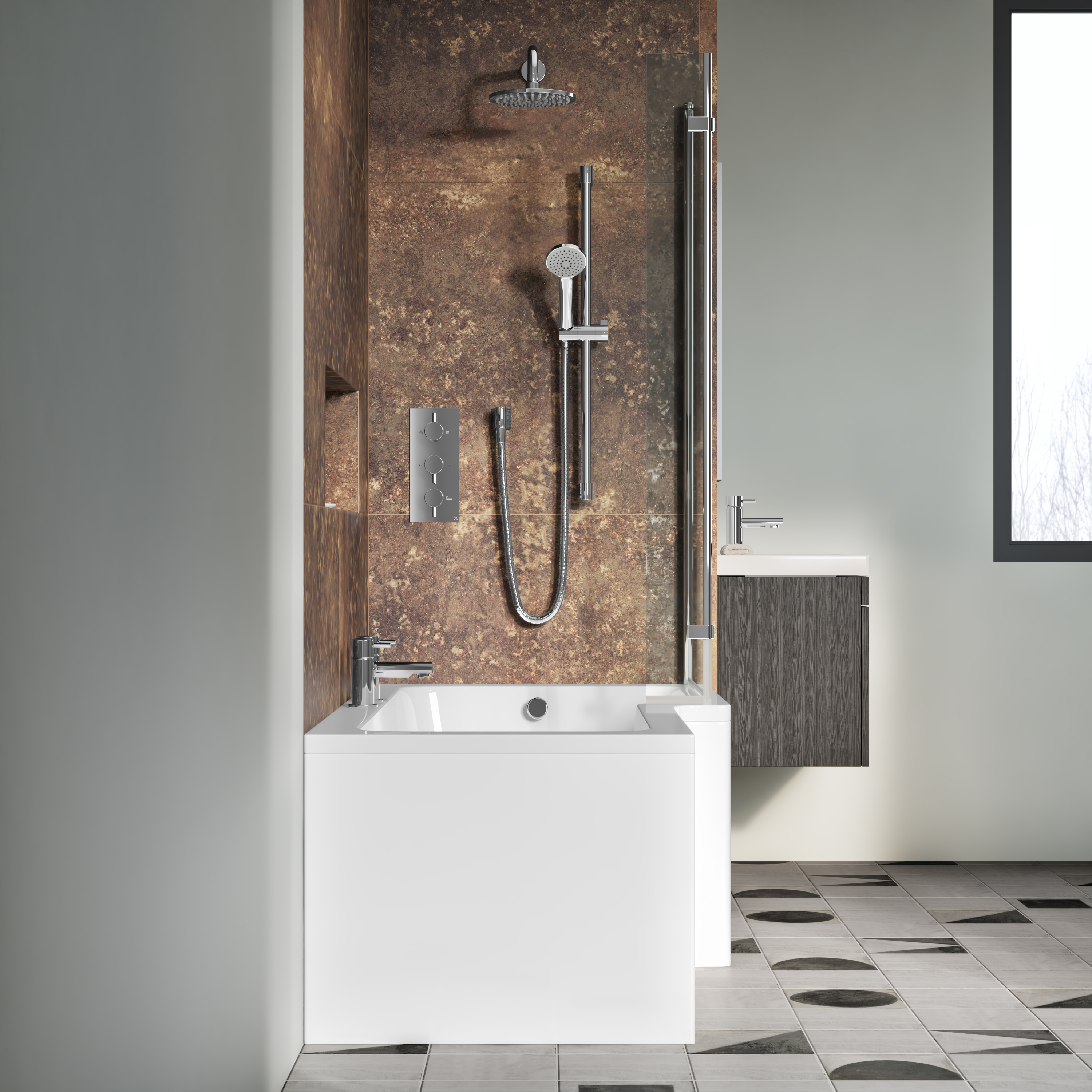 Drench Polished Chrome Hinged L-Shaped Bath Screen with Fixed Return - 1400 x 815mm