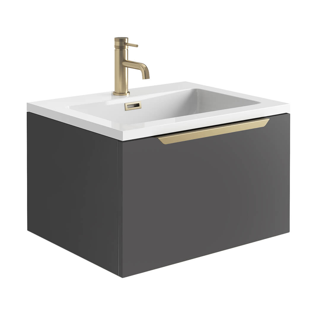 Harbour Virtue 600mm Wall Hung Vanity Unit with LED Illumination, Brushed Brass Handle & Basin