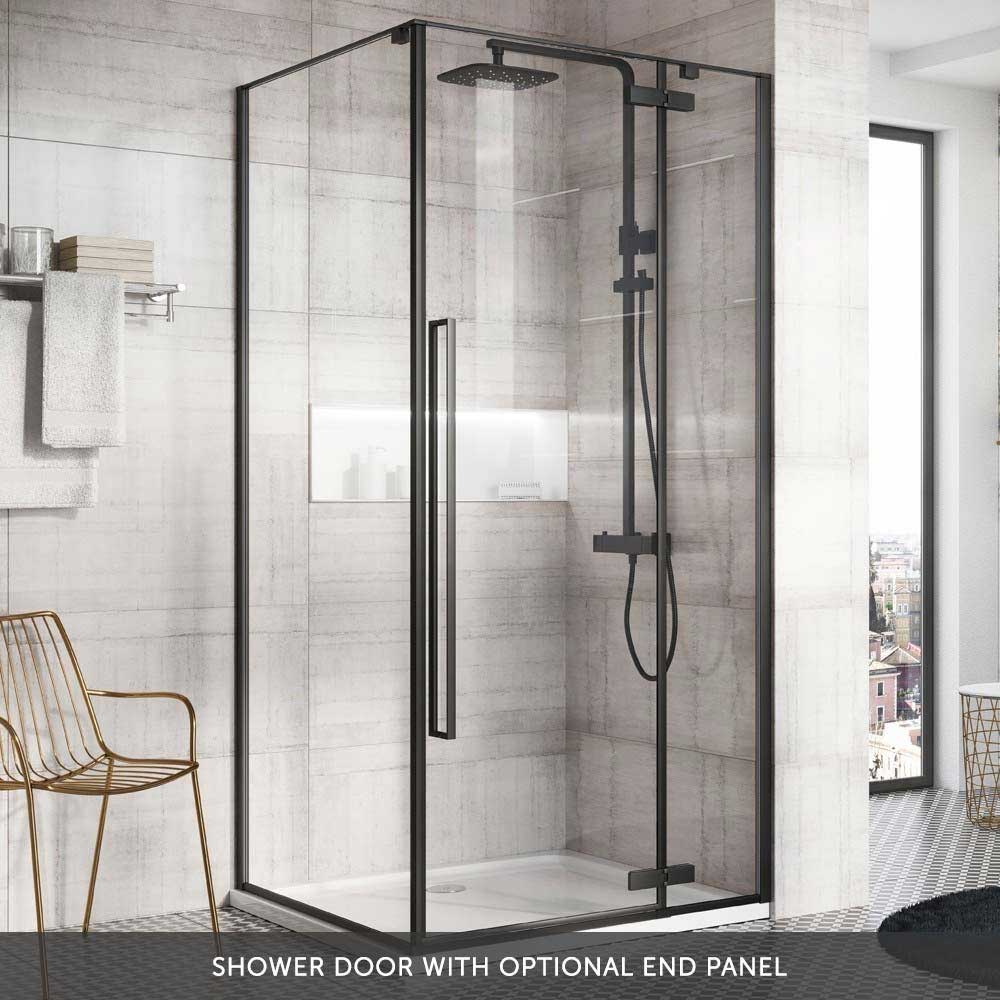 Harbour Icon Matt Black 8mm 2m Tall Easy Clean Hinged Shower Door & Optional Side Panel