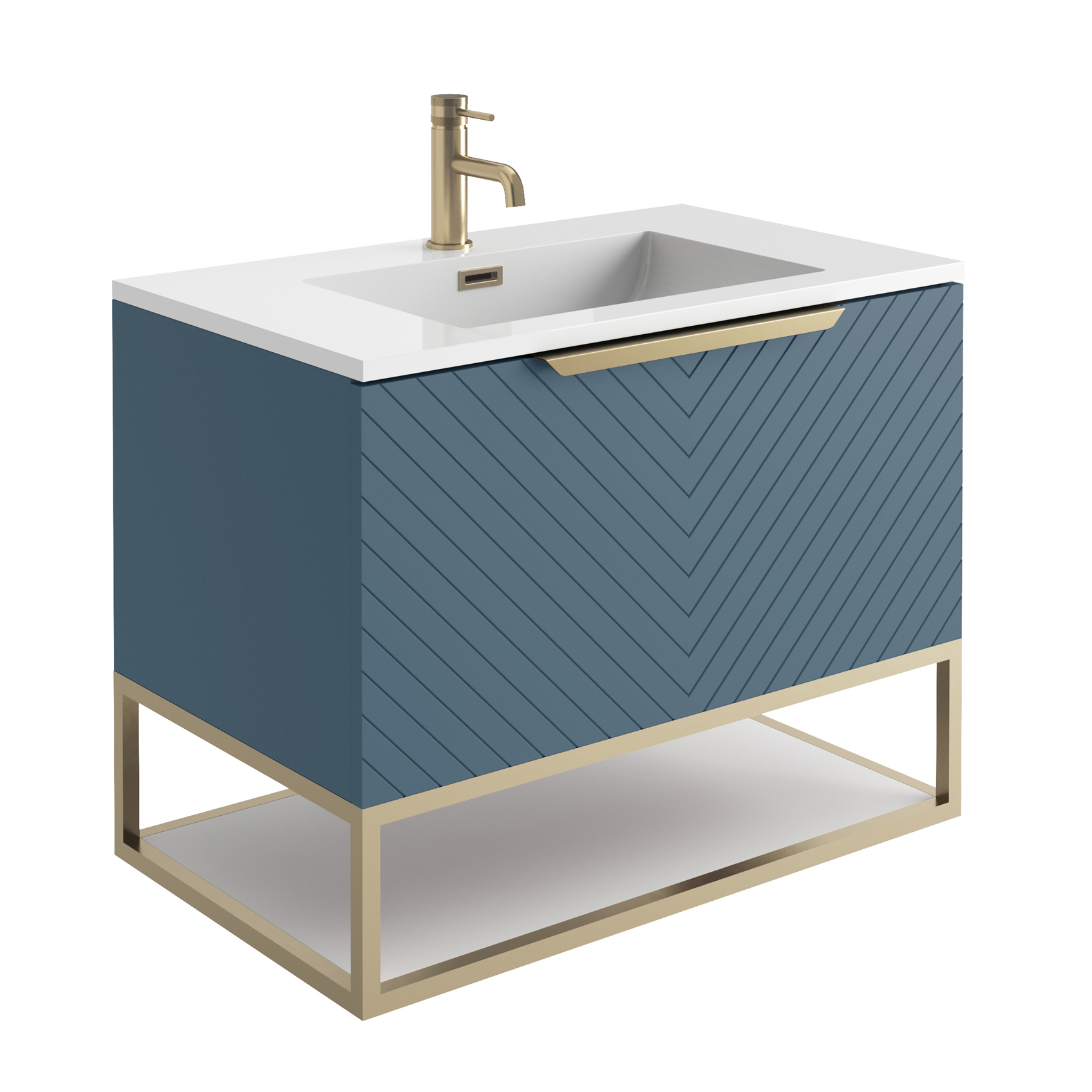 Harbour Symmetry 800mm Wall Hung Vanity Unit with Brushed Brass Frame Shelf and Handle & Basin