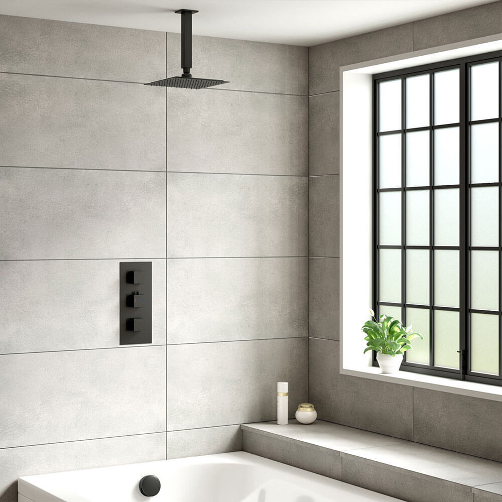 Harbour Status Matt Black Concealed Shower Valve, Fixed Ceiling Mounted Head & Overflow Bath Filler