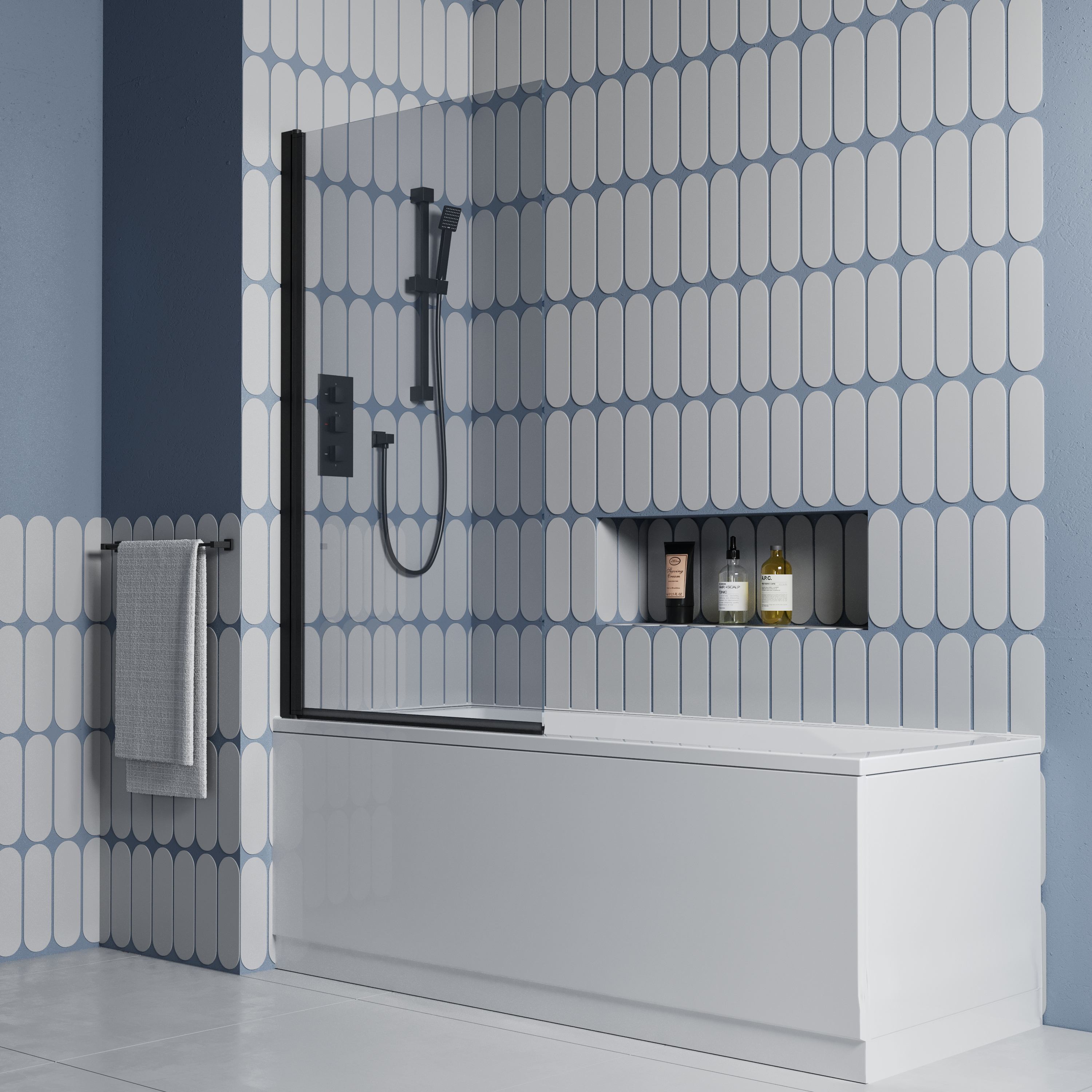 Vellamo City Matt Black 6mm Smoked Black Glass Hinged Bath Screen - 1400 x 800mm