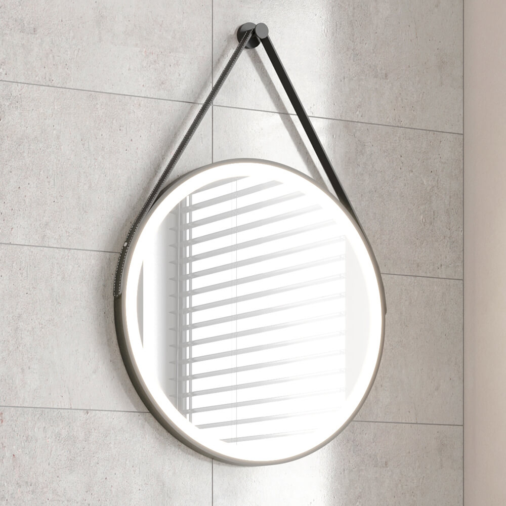 Harbour Status LED Illuminated Black Frame Round Mirror with Demister Pad, Colour Change LEDs & Strap - 600mm
