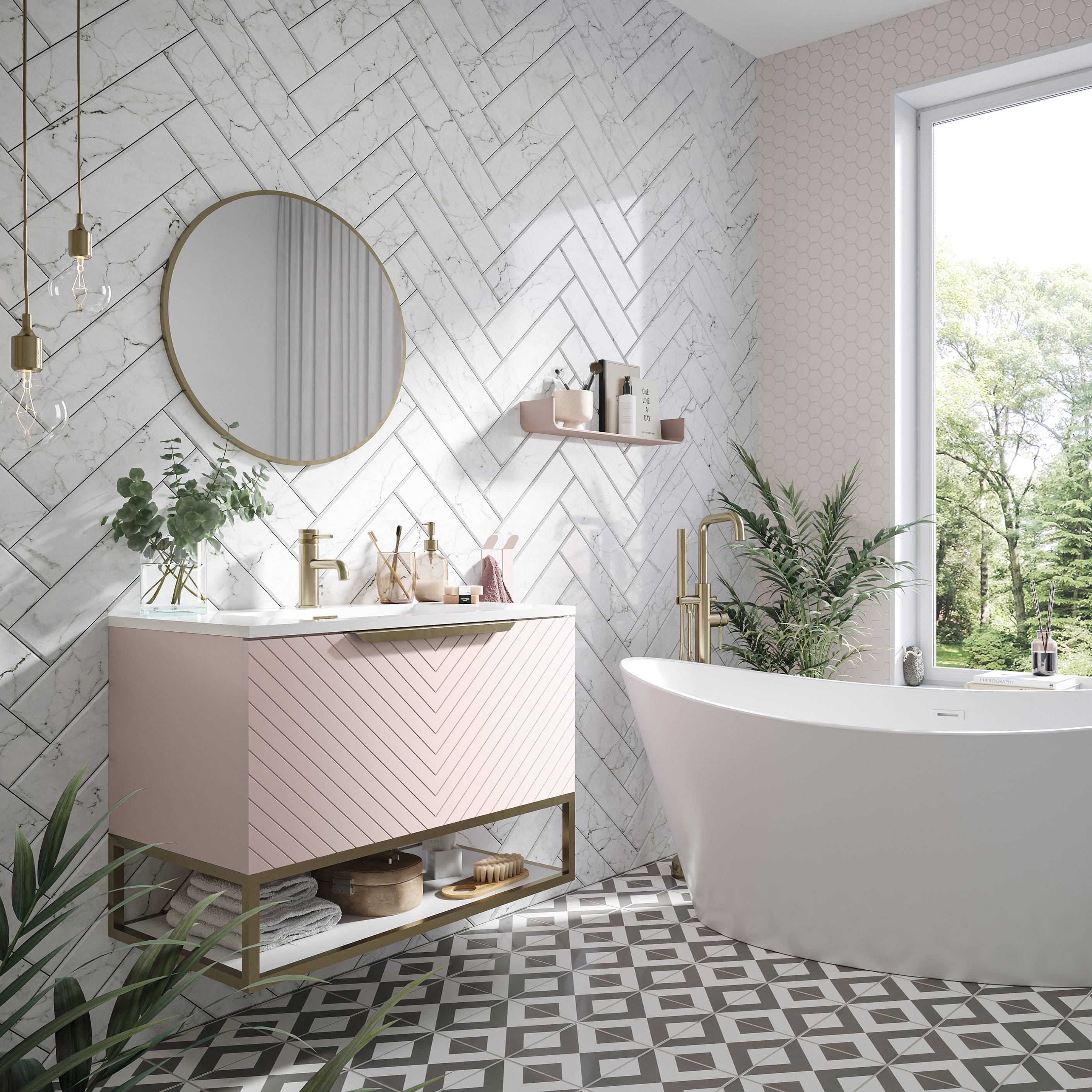 Harbour Symmetry 800mm Wall Hung Vanity Unit with Brushed Brass Frame Shelf and Handle & Basin