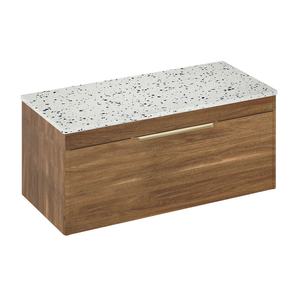 Britton Bathrooms Shoreditch 1000mm Single Drawer Wall Mounted Vanity Unit with Brushed Brass Handle & Ice Blue Minerva Countertop