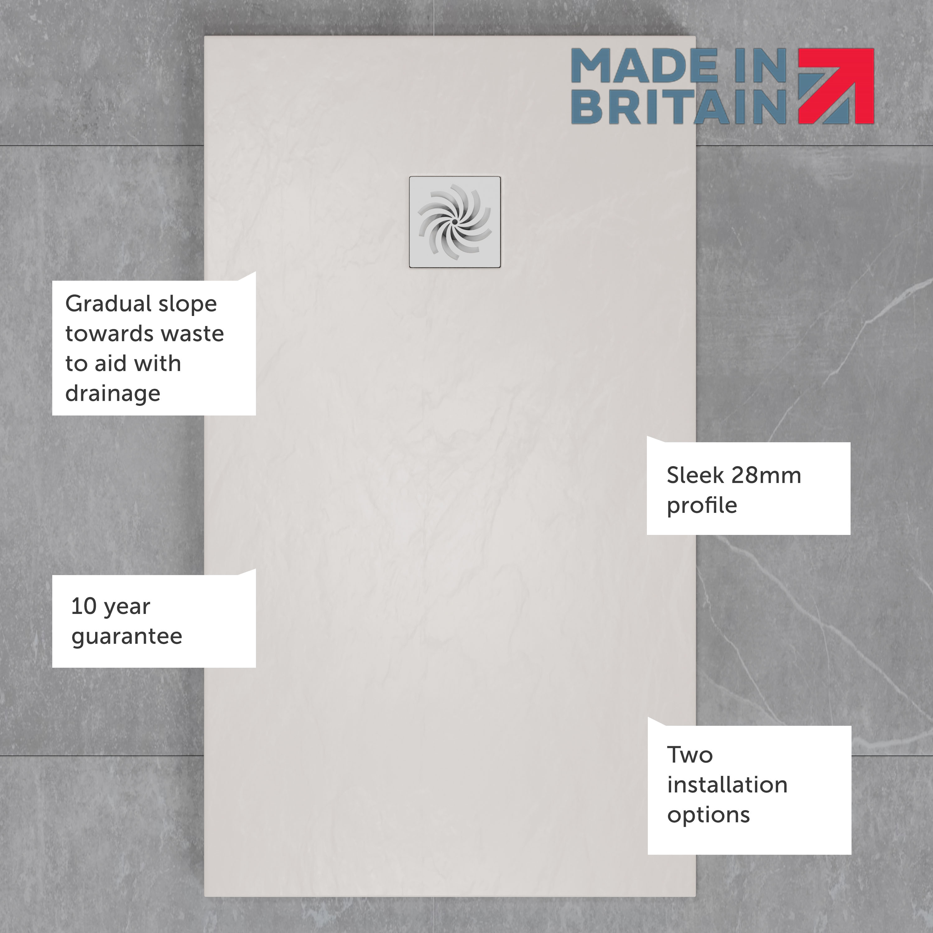 Drench Naturals White Thin Slate-Effect Rectangular Shower Tray - 11 Sizes