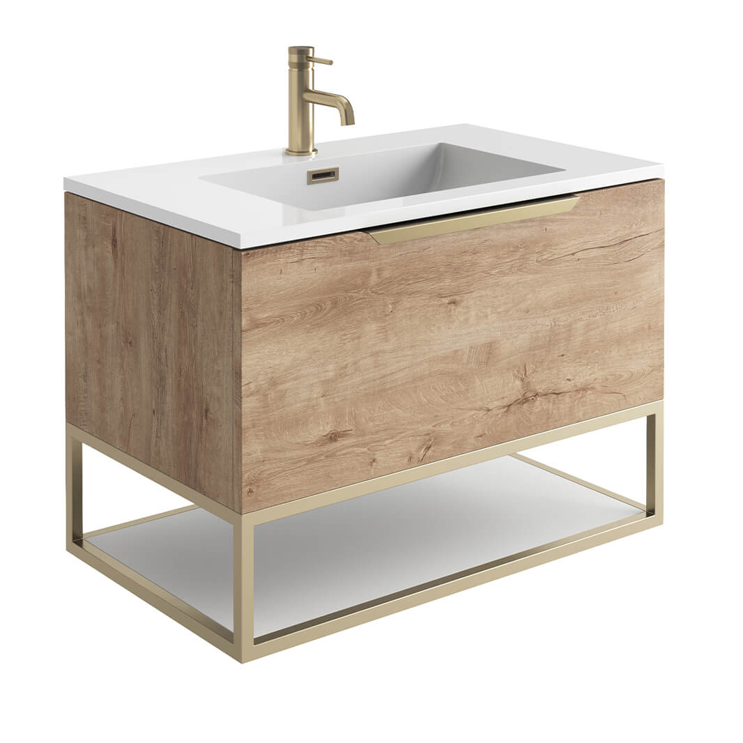 Harbour Virtue 800mm Wall Hung Vanity Unit with LED Illumination, Brushed Brass Frame Shelf and Handle & Basin
