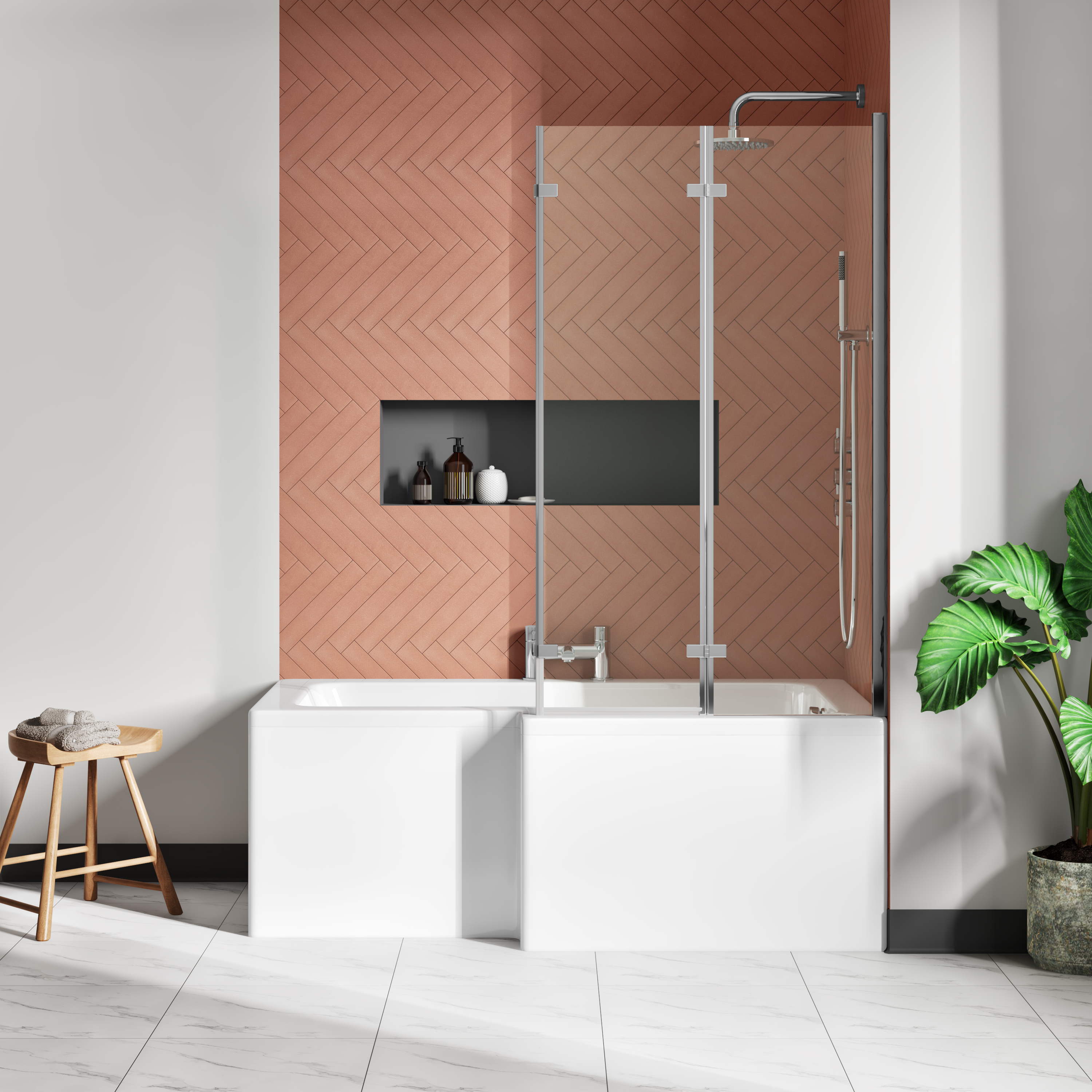 Drench Polished Chrome Double Hinged L-Shaped Bath Screen - 1400 x 800mm