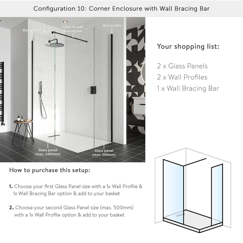 Crosswater Gallery 8 Walk In Shower Enclosure 8mm Panels with Multiple Configurations - Matt Black