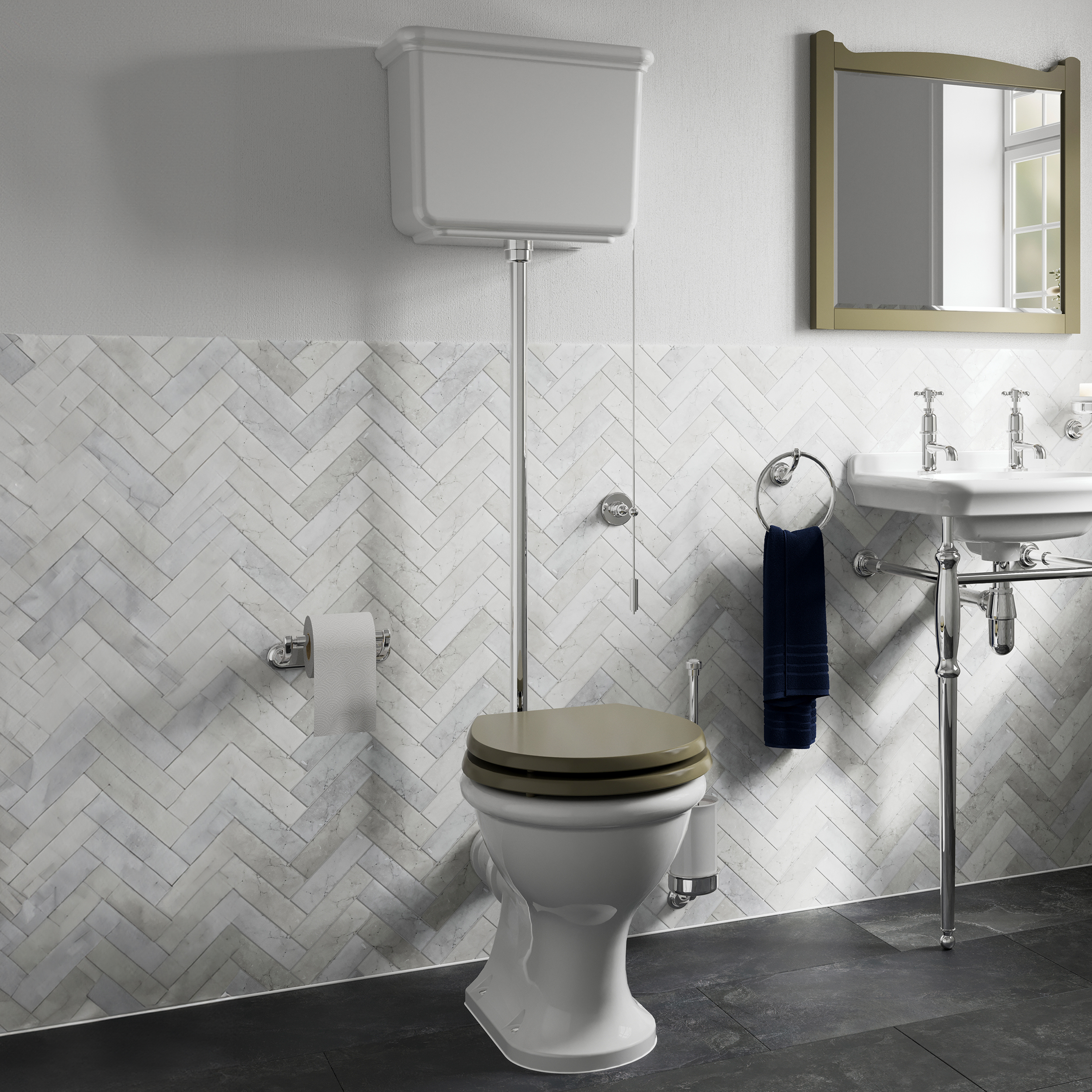 Burlington Guild Rimless High Level Toilet, Chrome Flush Kit & Lever